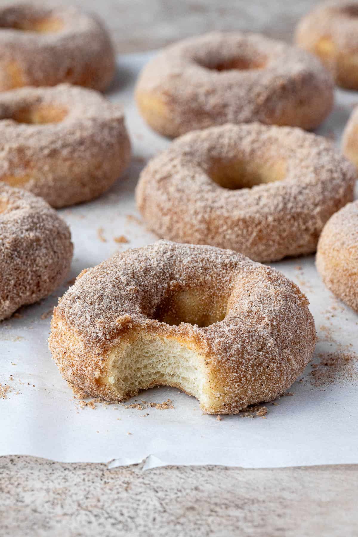 Cinnamon sugar doughnuts, one with a bite taken out of it.