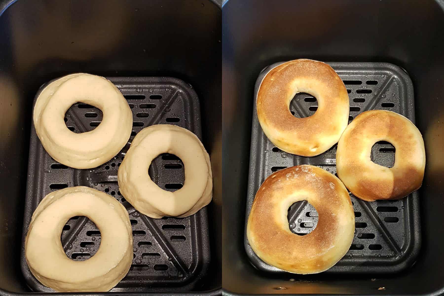 A two image collage of the doughnuts before and after cooking.