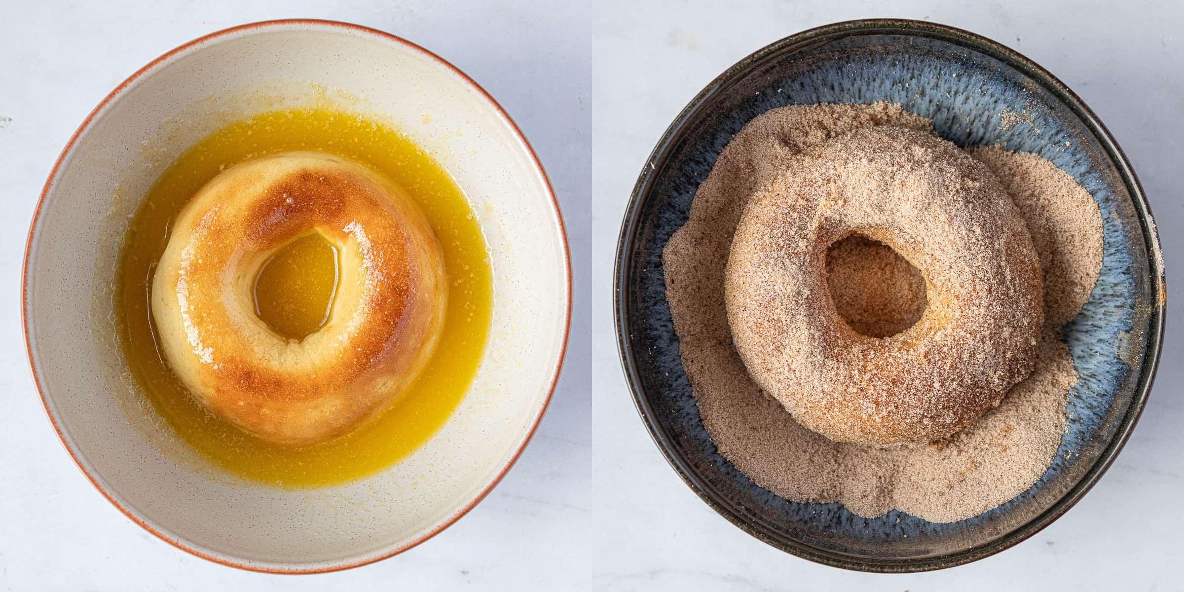 A two image collage of the doughnuts being dunked in butter and rolled in cinnamon sugar.