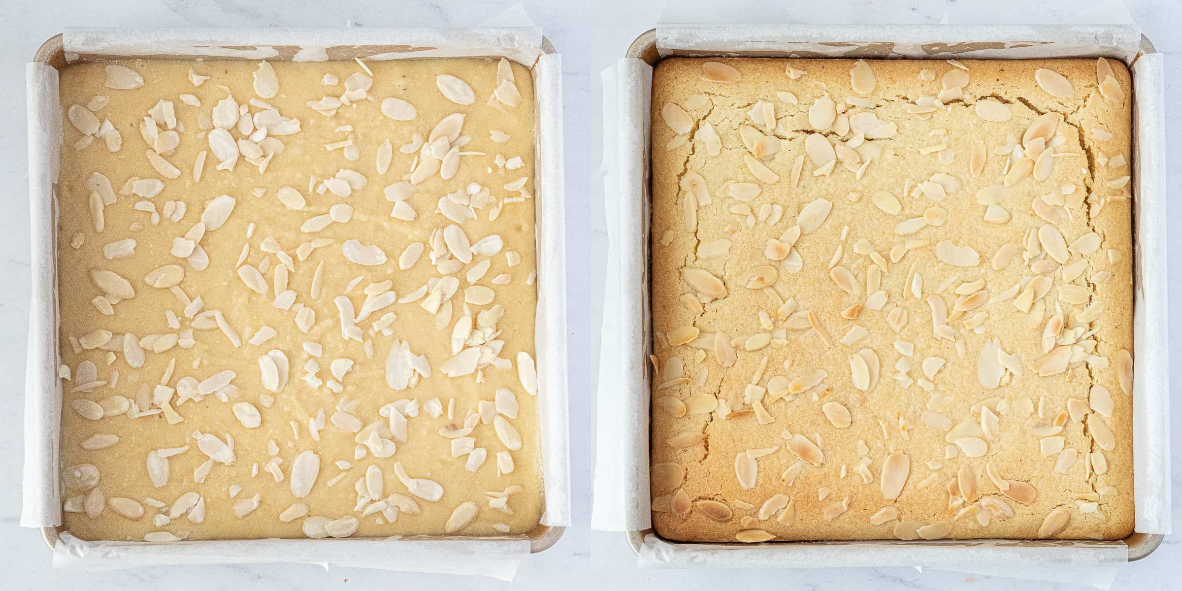 A 2 image collage of the bars before and after baking.