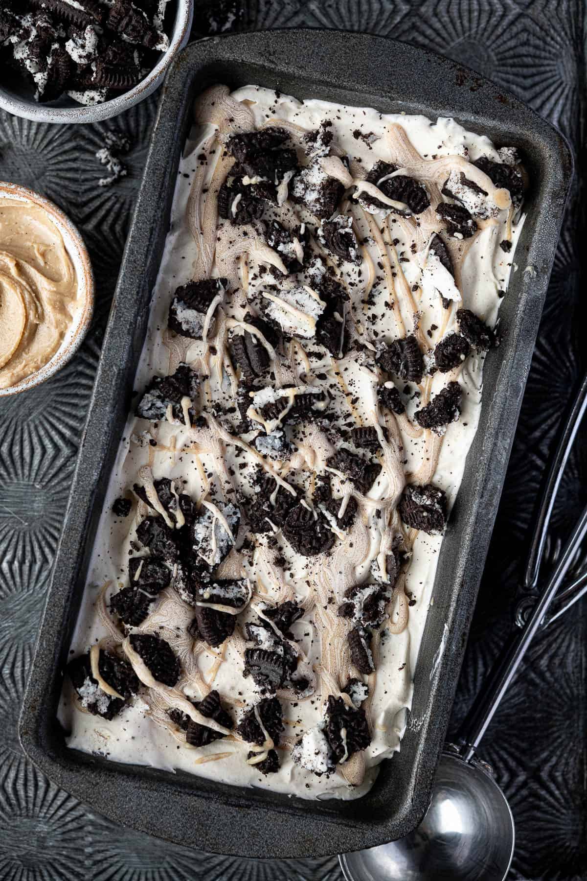 No-churn peanut utterr Oreo ice cream in a loaf tin.