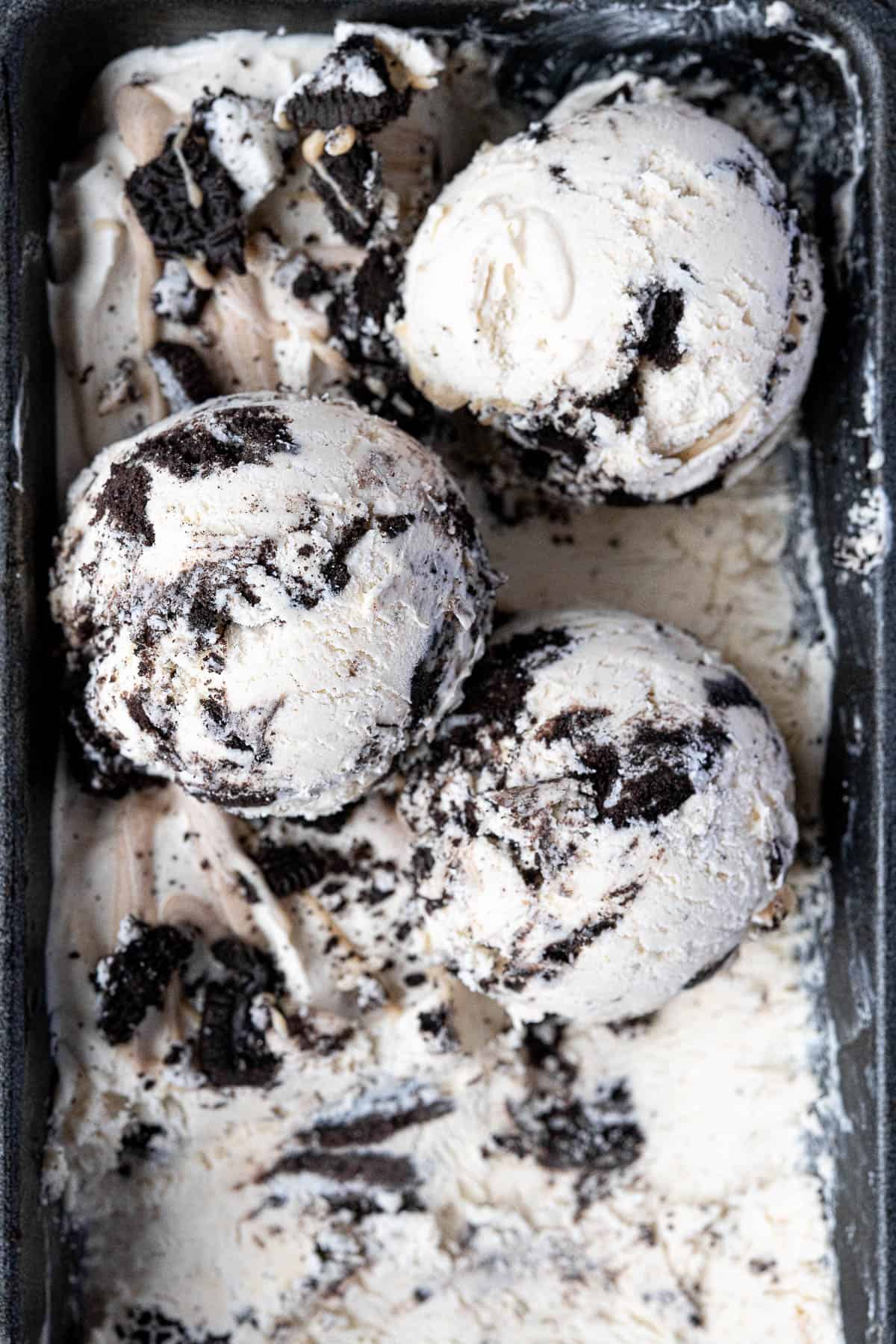 Scoops of ice cream in  a loaf tin.