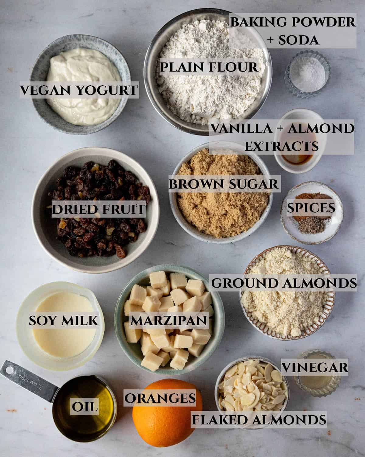 A labelled photo of the ingredients needed to make stollen muffins.