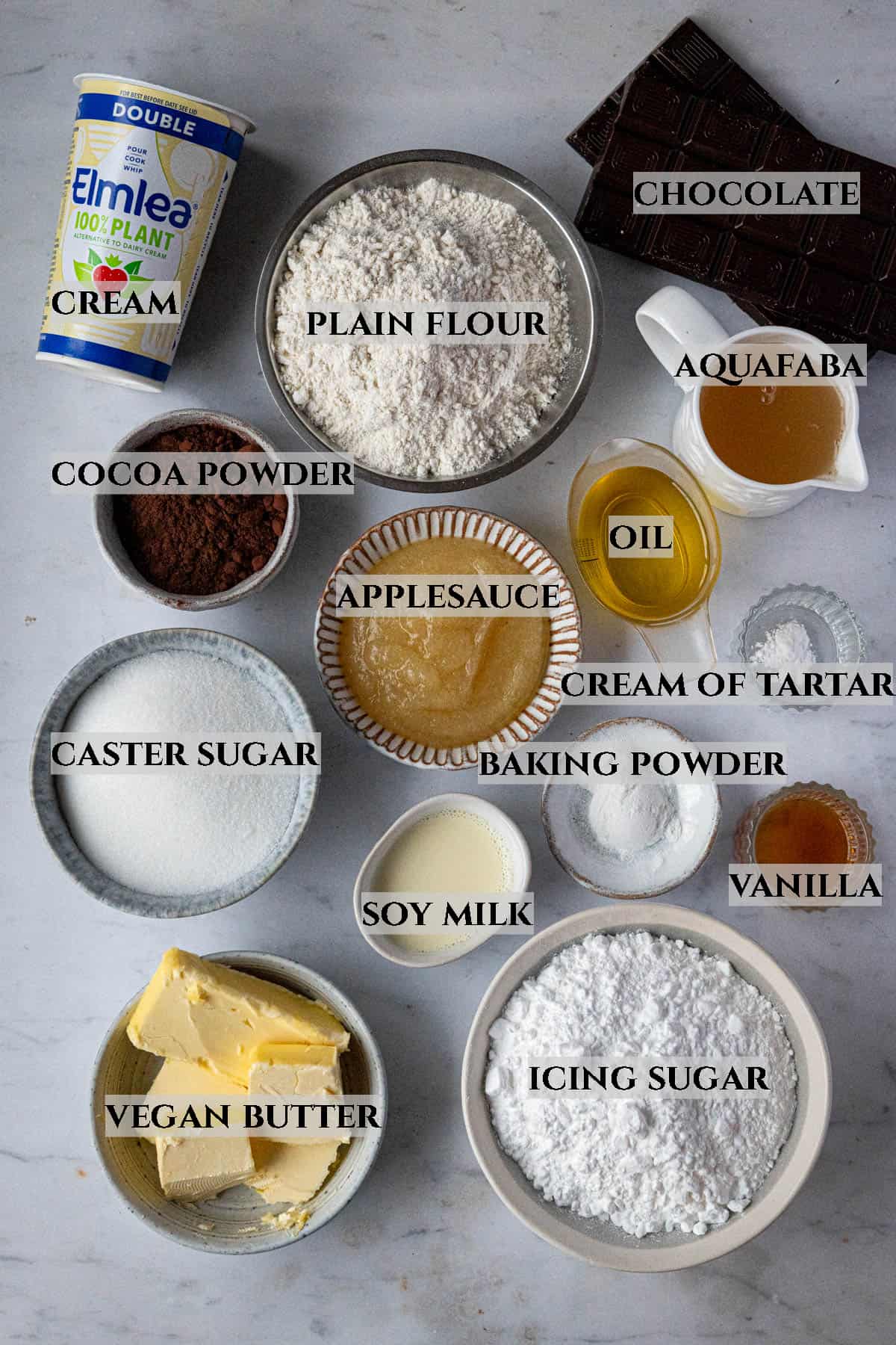 A labelled image of the ingredients needed to make vegan yule log.