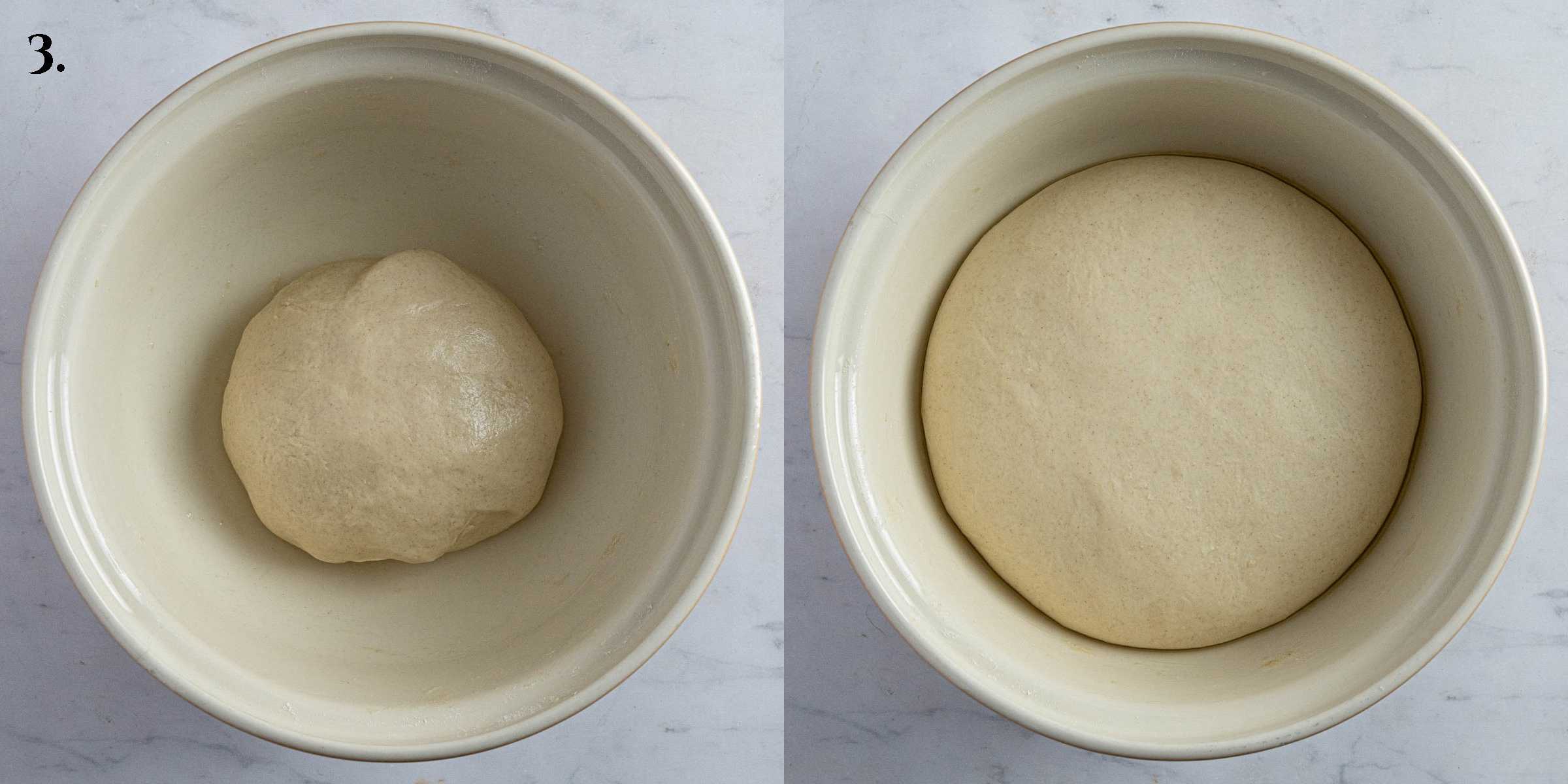 Step 3, a trwo image collage of the dough before and after rising.