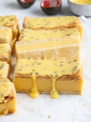 Close up of the vegan vanilla slices topped with passion fruit glaze.