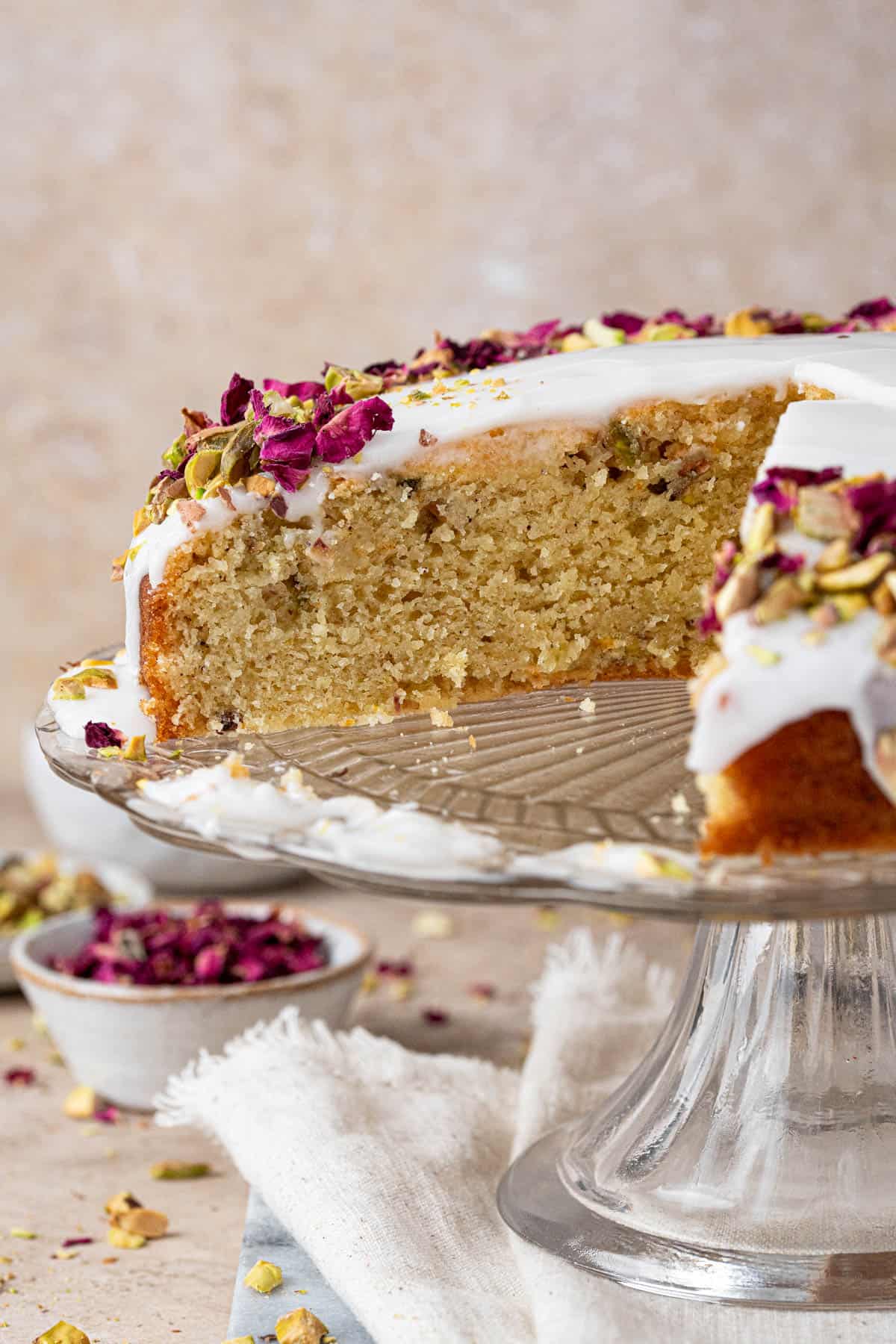 Close up of the  sliced vegan Persian love cake.