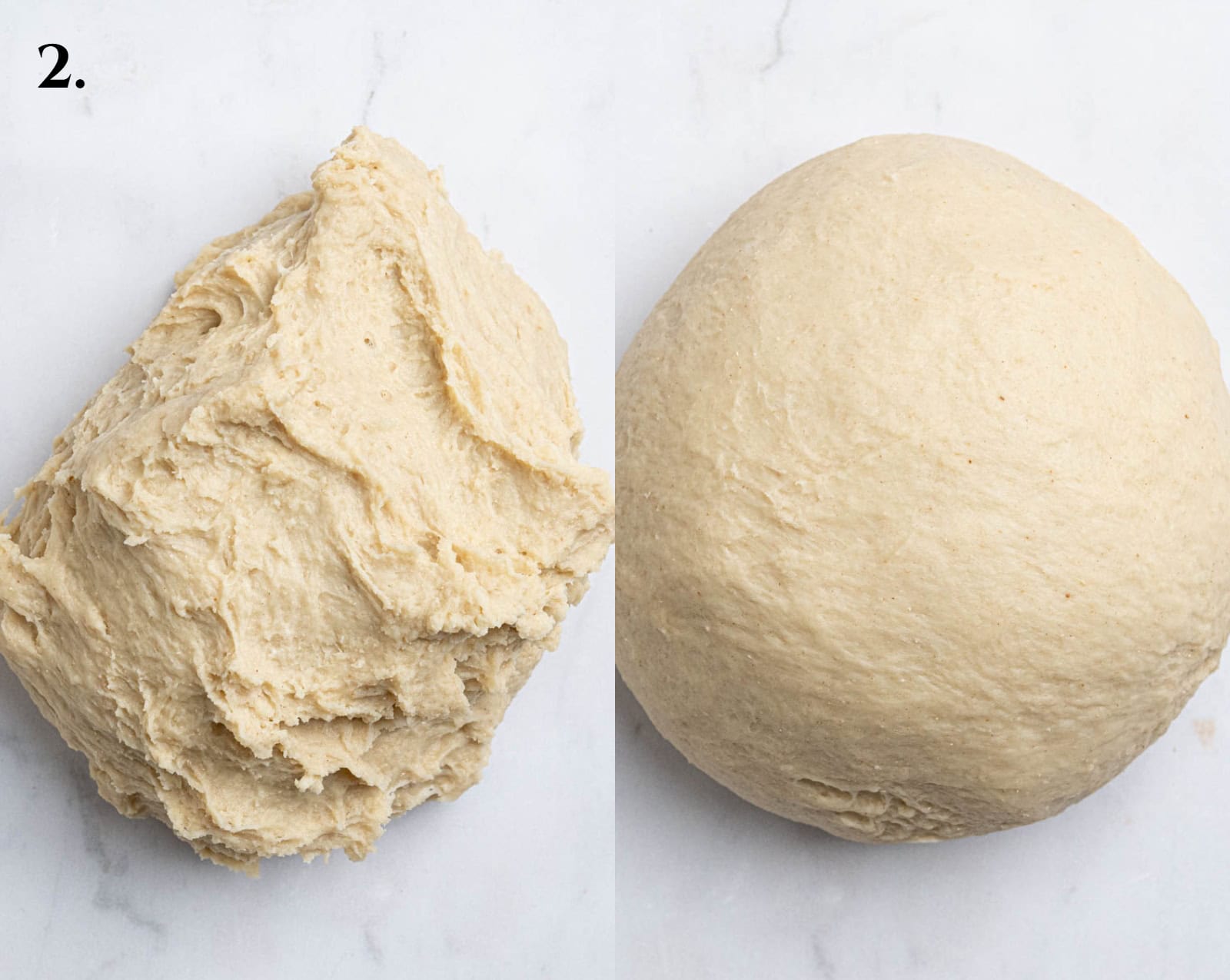 Step 2, a two image collage of the dough before and after kneading.