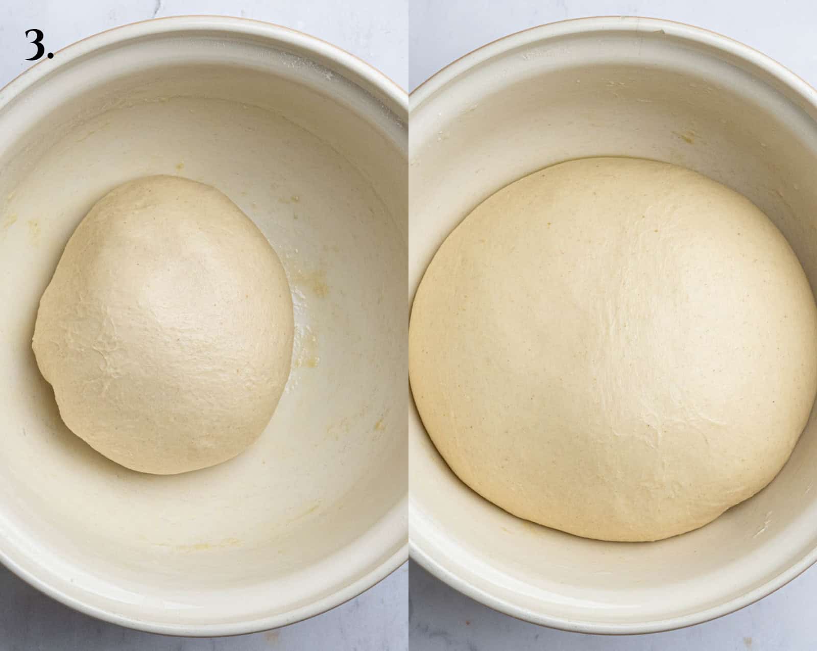 Step 3, the dough before and after rising.