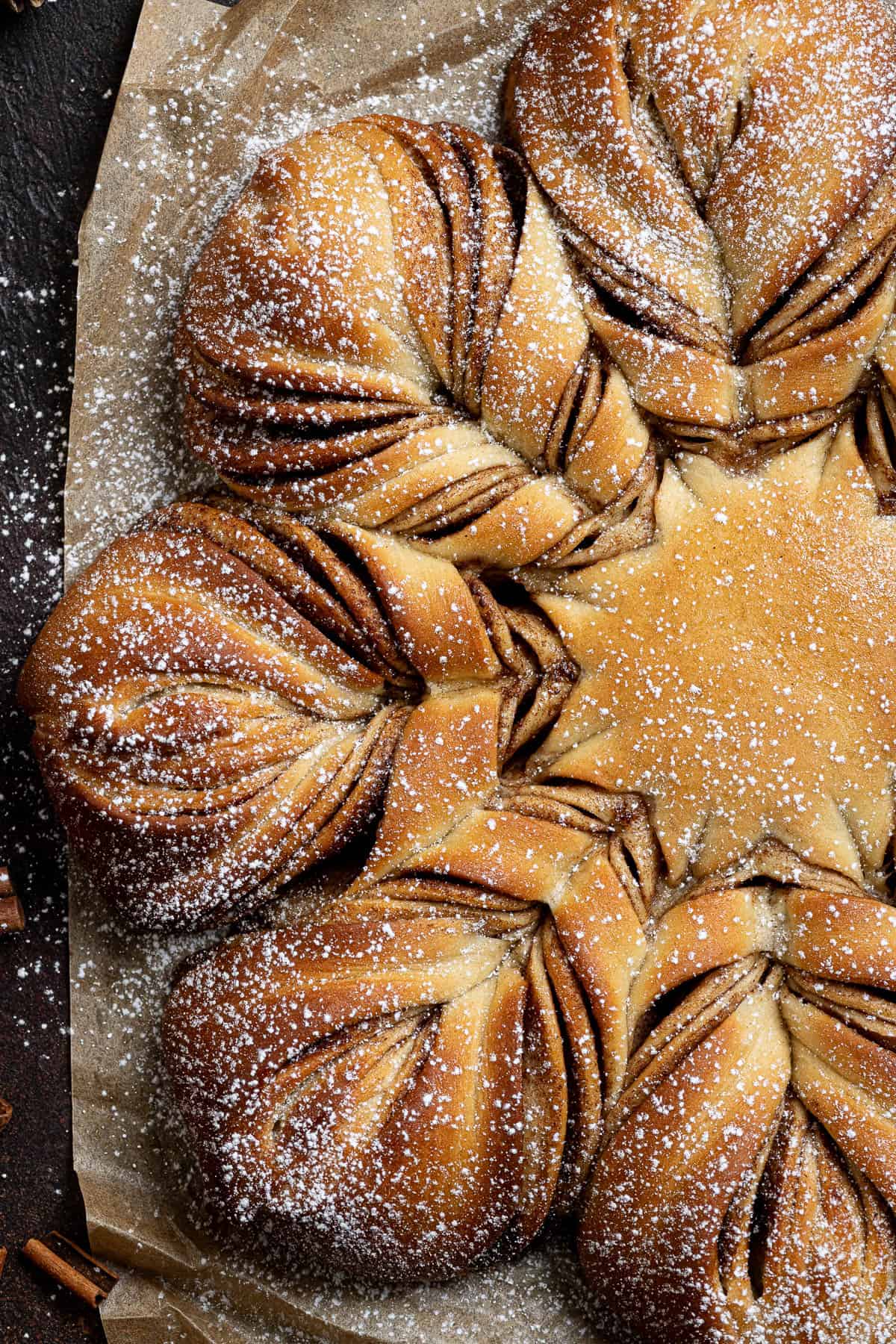 Close up of vegan cinnamon star bread.