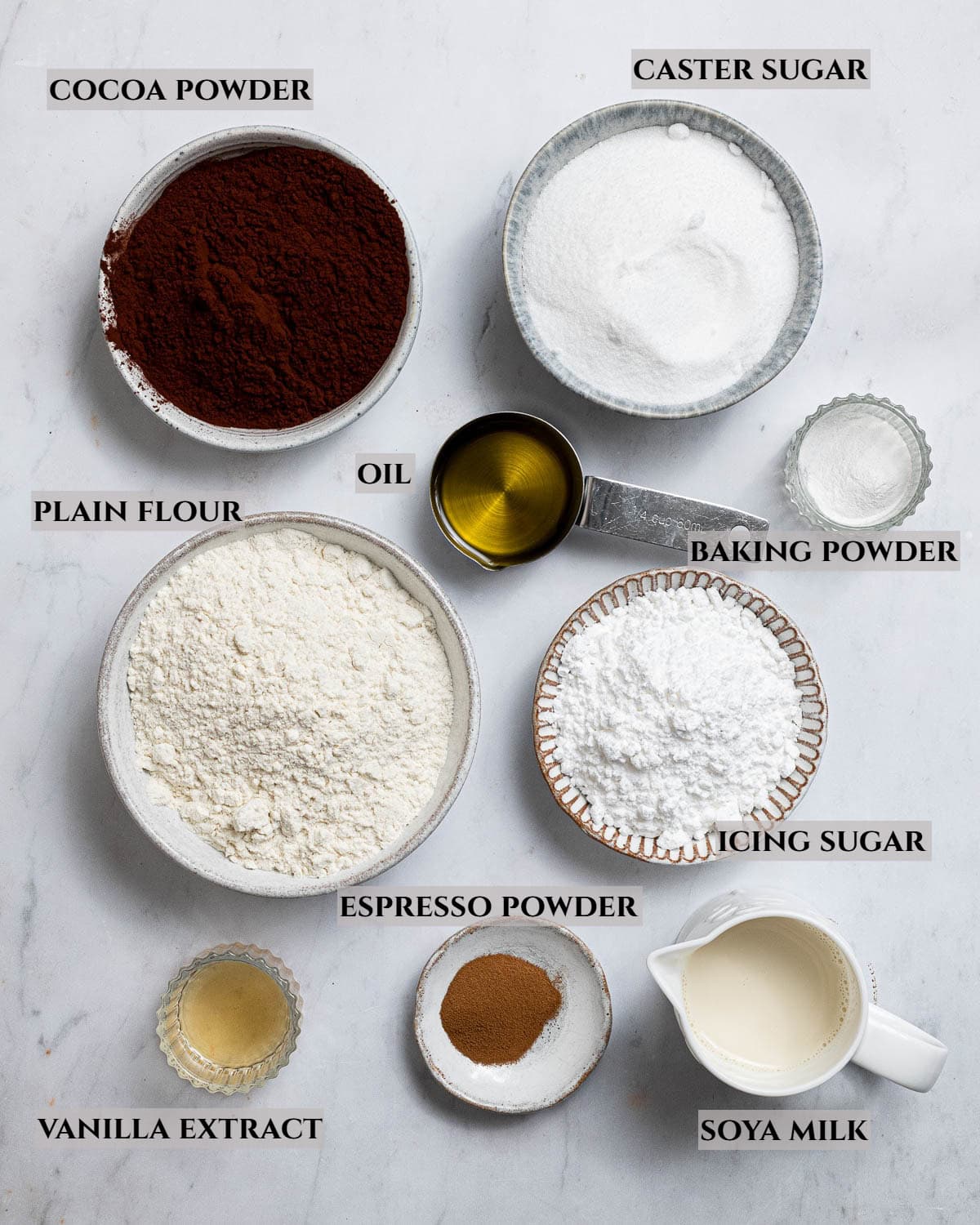 A labelled photo of the ingredients needed to make vegan chocolate crinkle cookies.