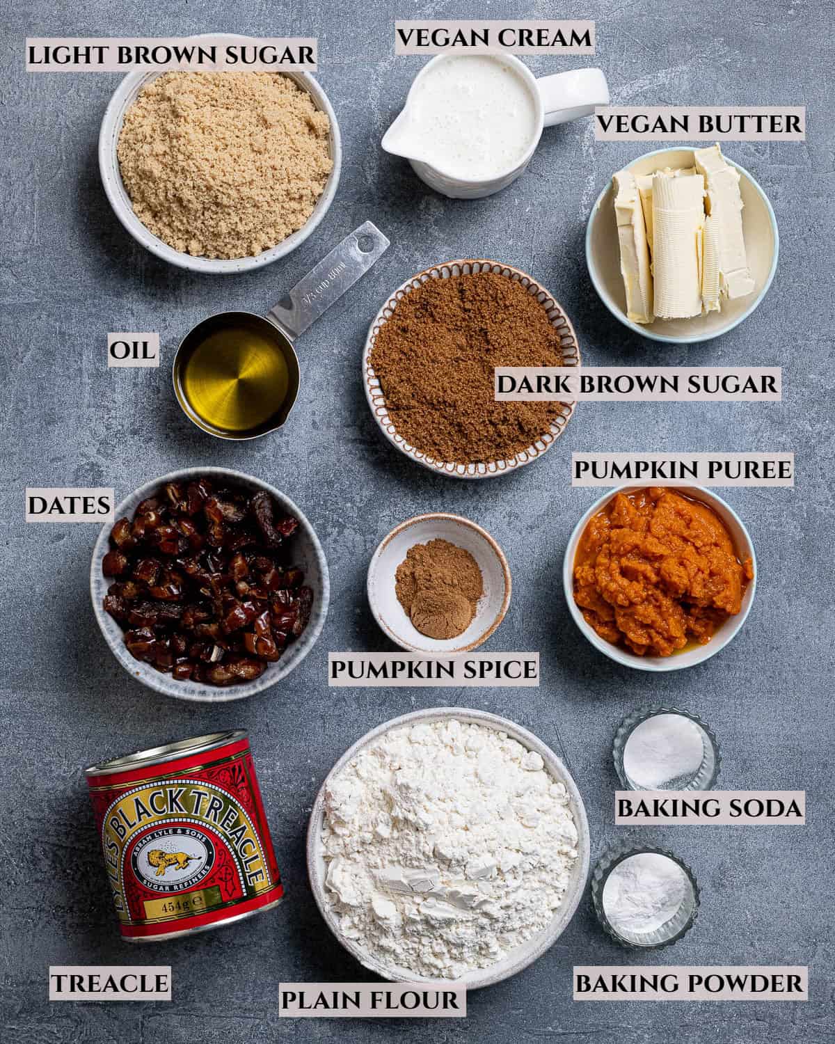 A labelled photo of the ingredients needed to make vegan pumpkin sticky toffee pudding.