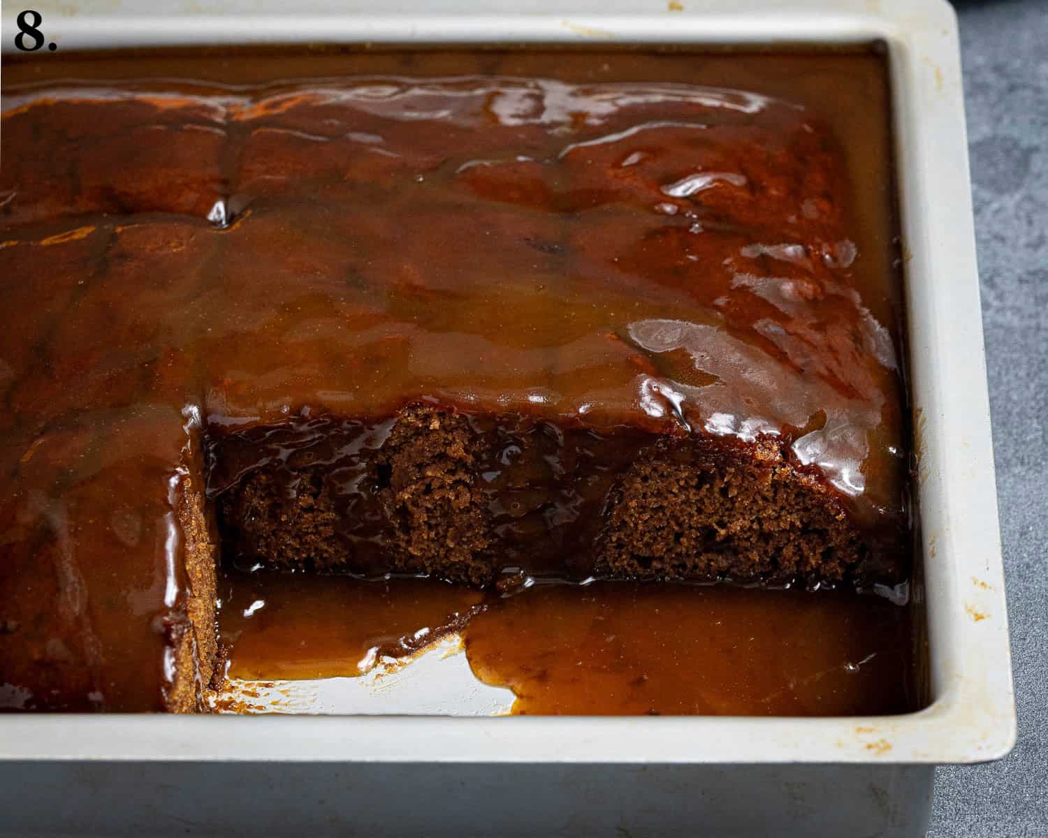 Step 8, the sticky toffee pudding sliced into squares.