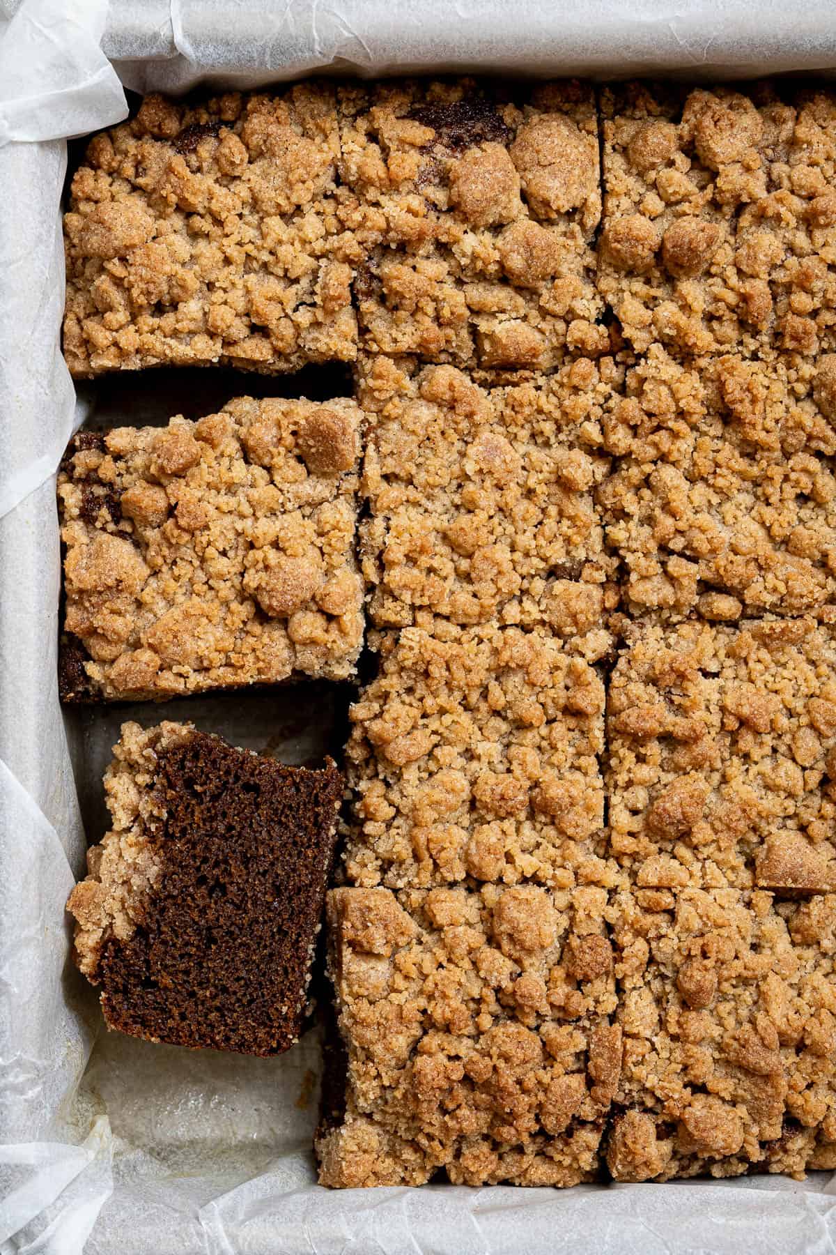 The sliced gingerbread crumb cake in the cake tin.