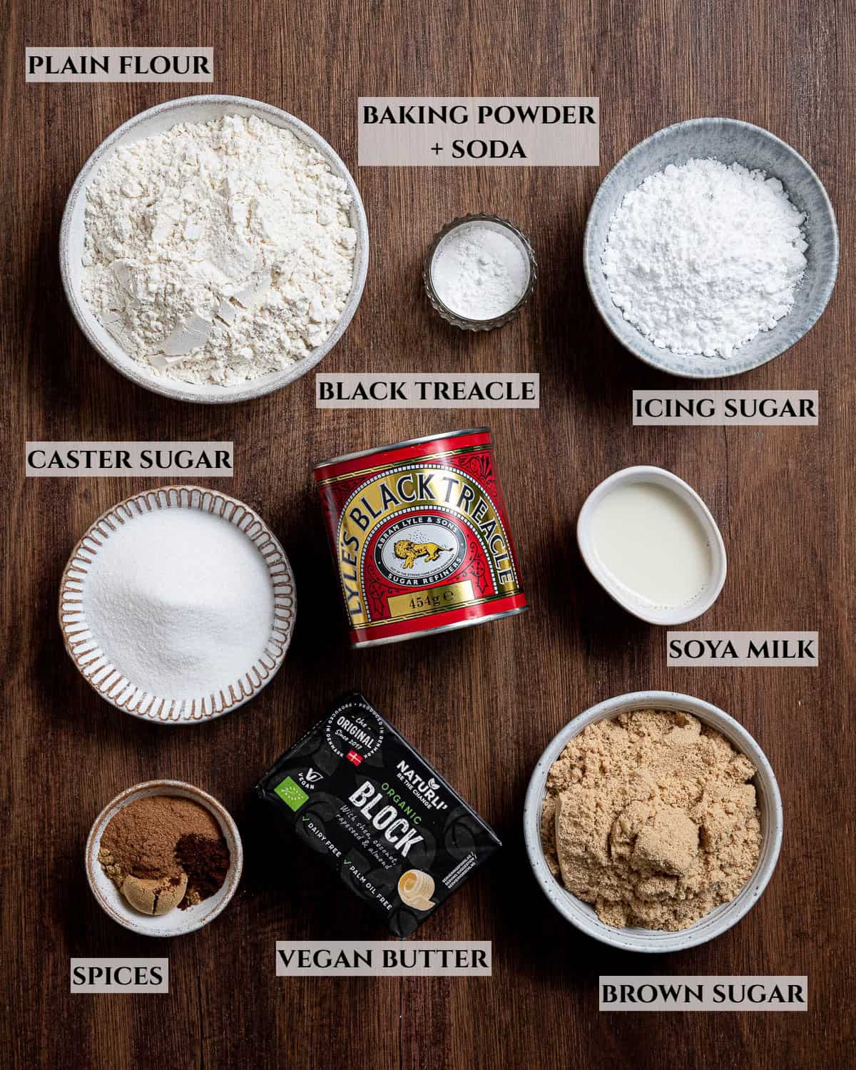 A labelled photo of the ingredients needed to make gingerbread crinkle cookies.