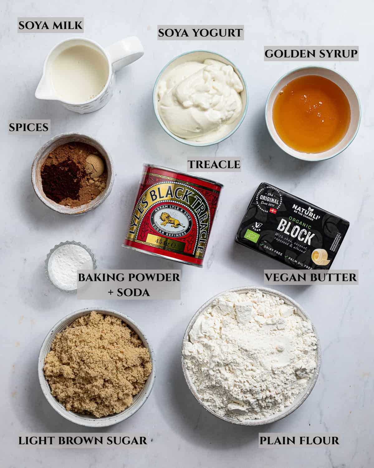 A labelled photo of the ingredients needed to make vegan gingerbread crumb cake.