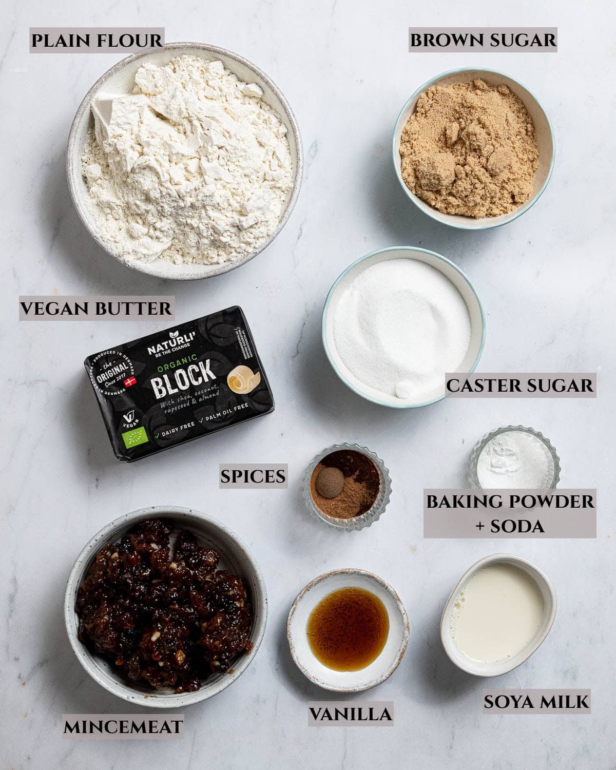 A labelled photo of the ingredients needed to make mincemeat cookies.