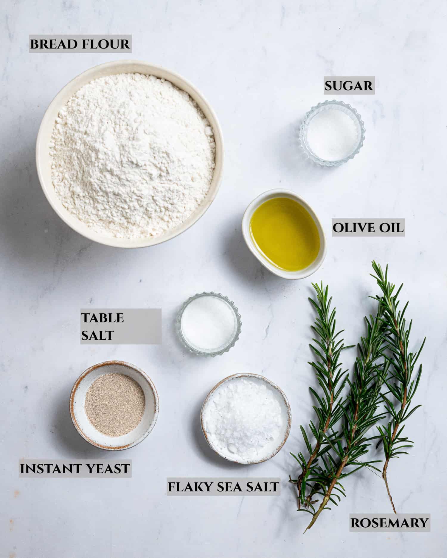 A labelled flatlay of the ingredients needed to make easy bubbly focaccia.