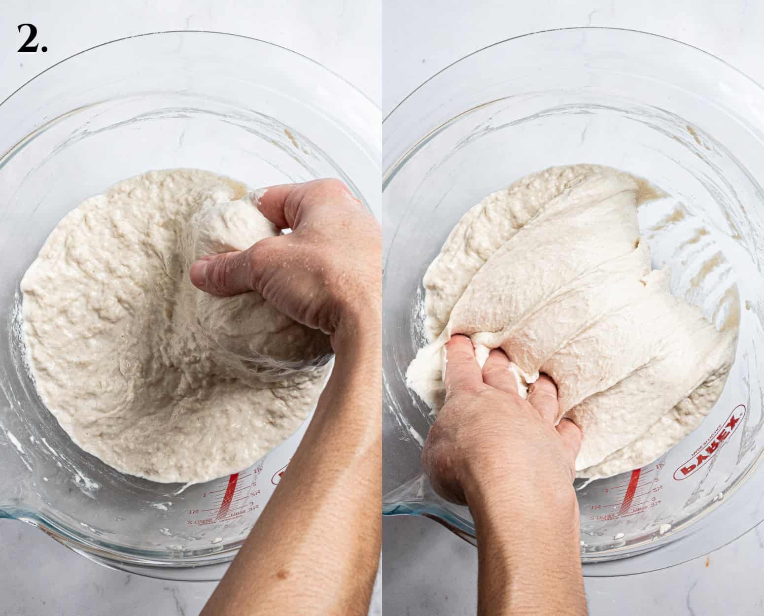 Step 2, a two image collage of performing a stretch and fold.