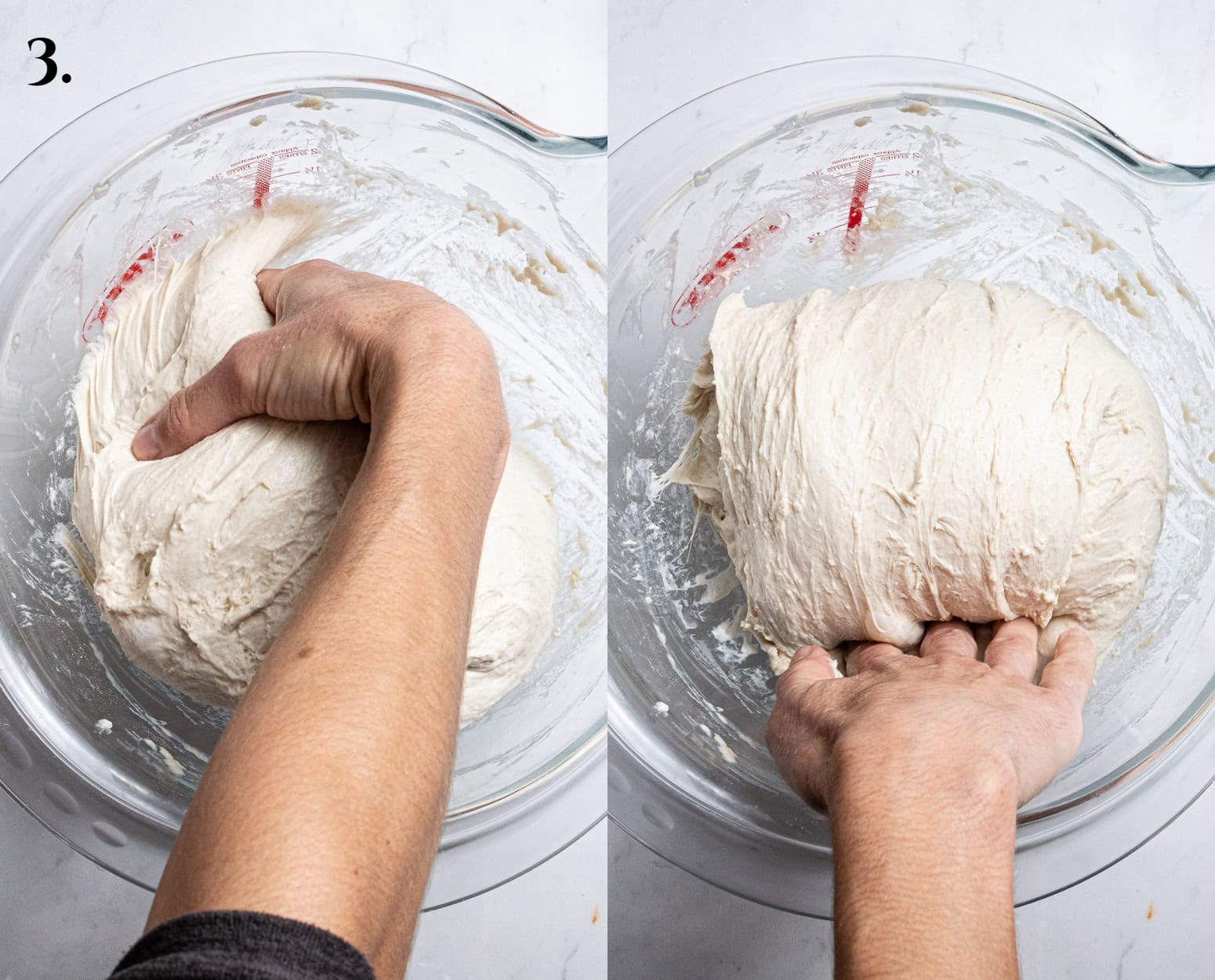 Step 3, a two image collage of performing a stretch and fold.
