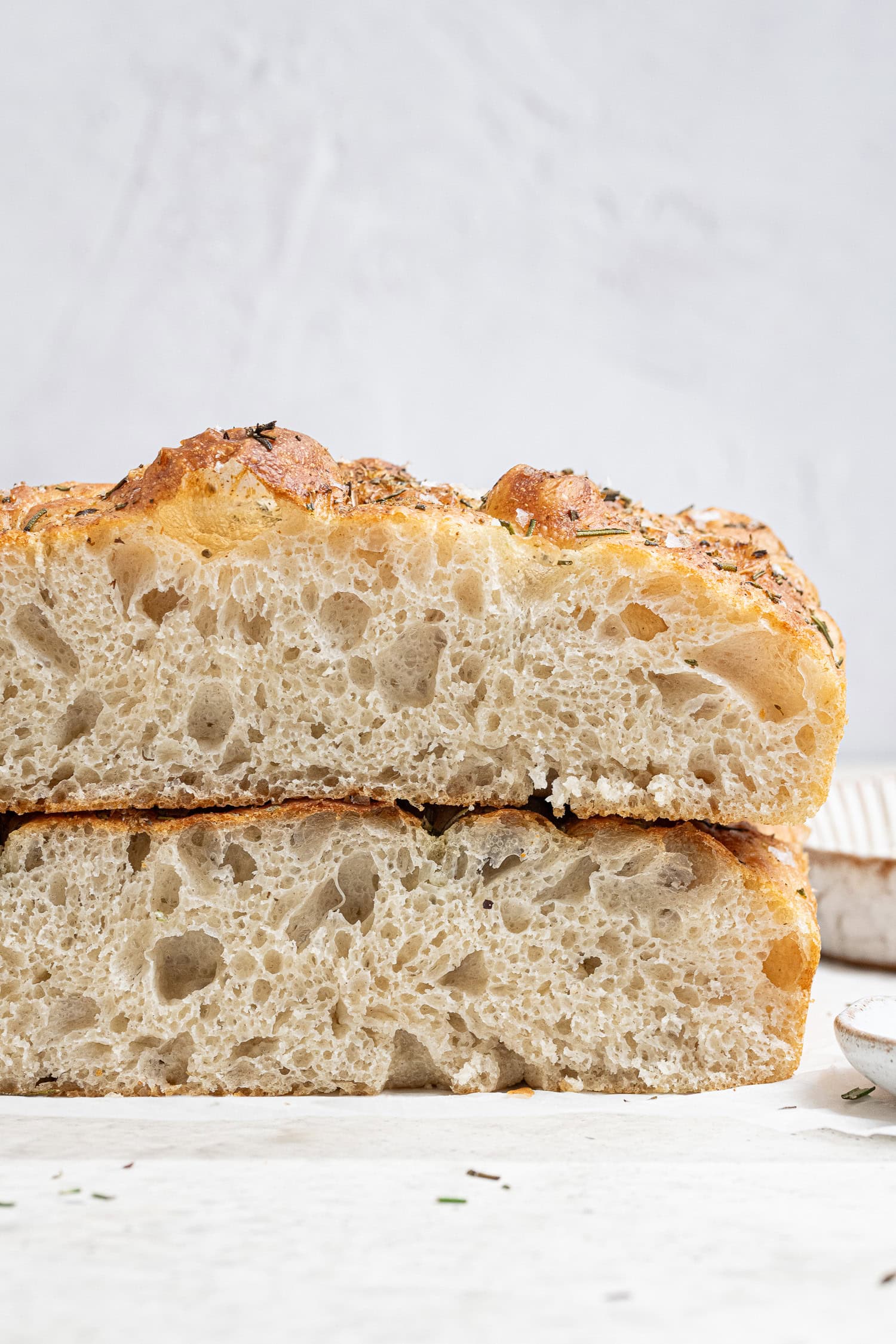 Close up of the cross section of easy bubbly focaccia.