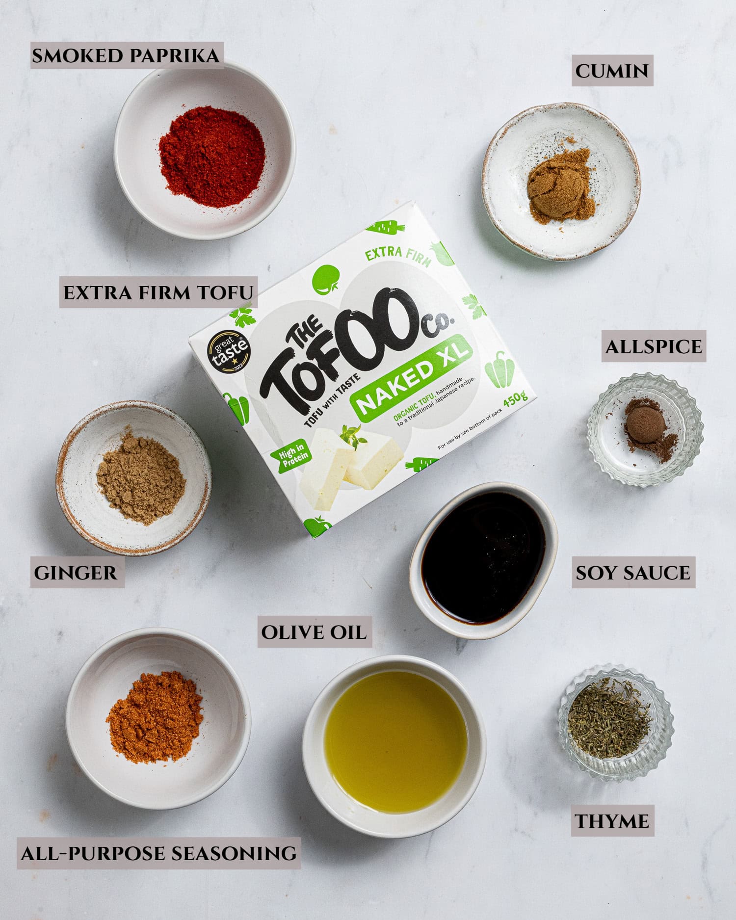 A labelled photo of the ingredients needed to make baked tofu crumbles.