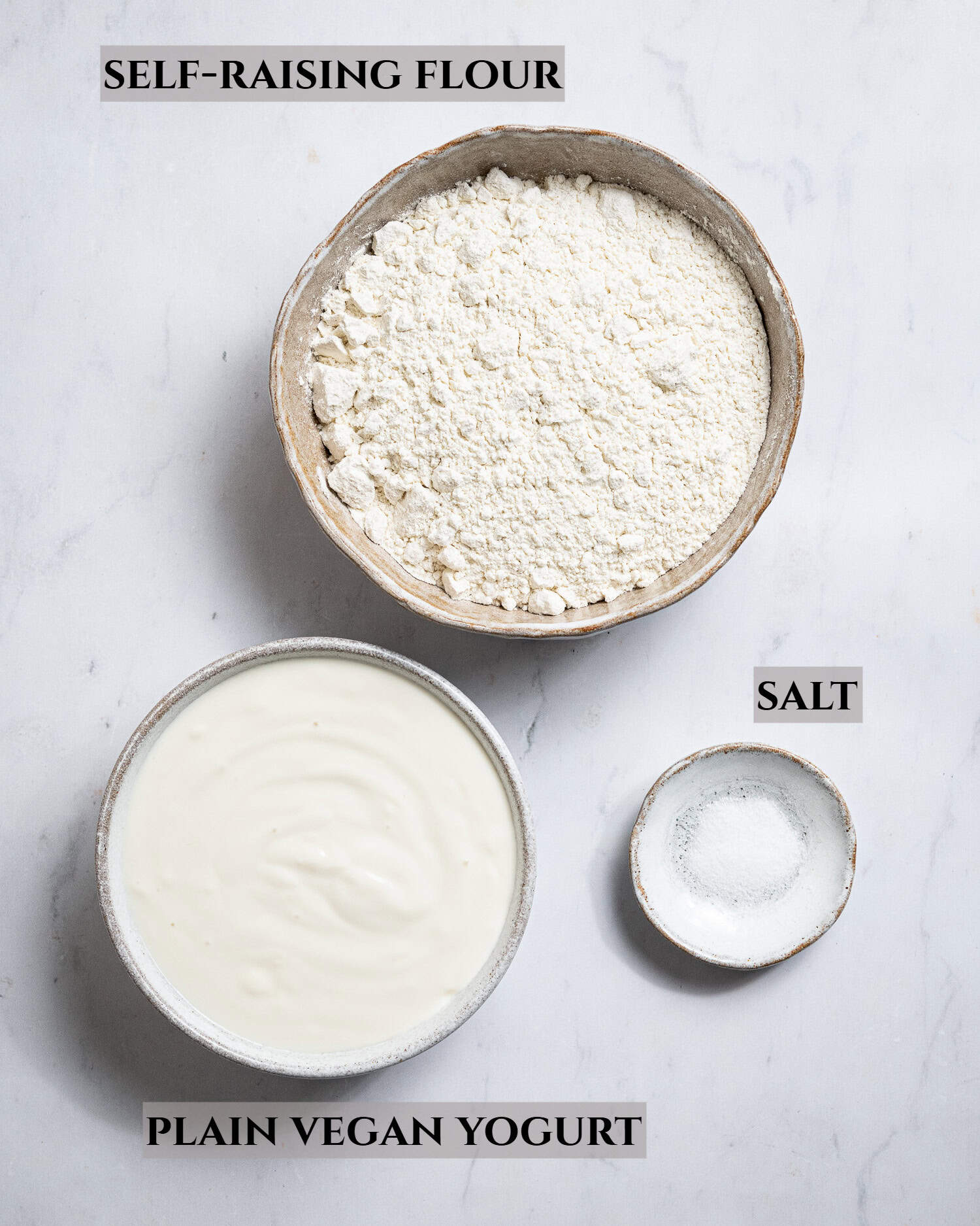 A labelled photo of the ingredients needed to make vegan yogurt flatbreads.