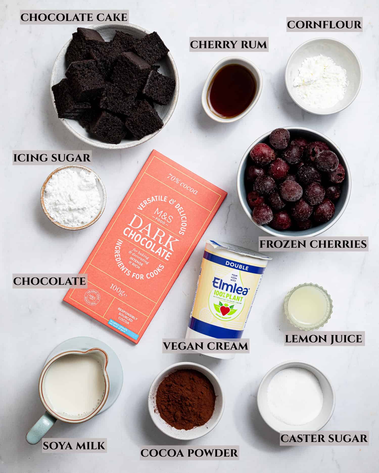 A labelled photo of the ingredients needed to make vegan black forest trifle.