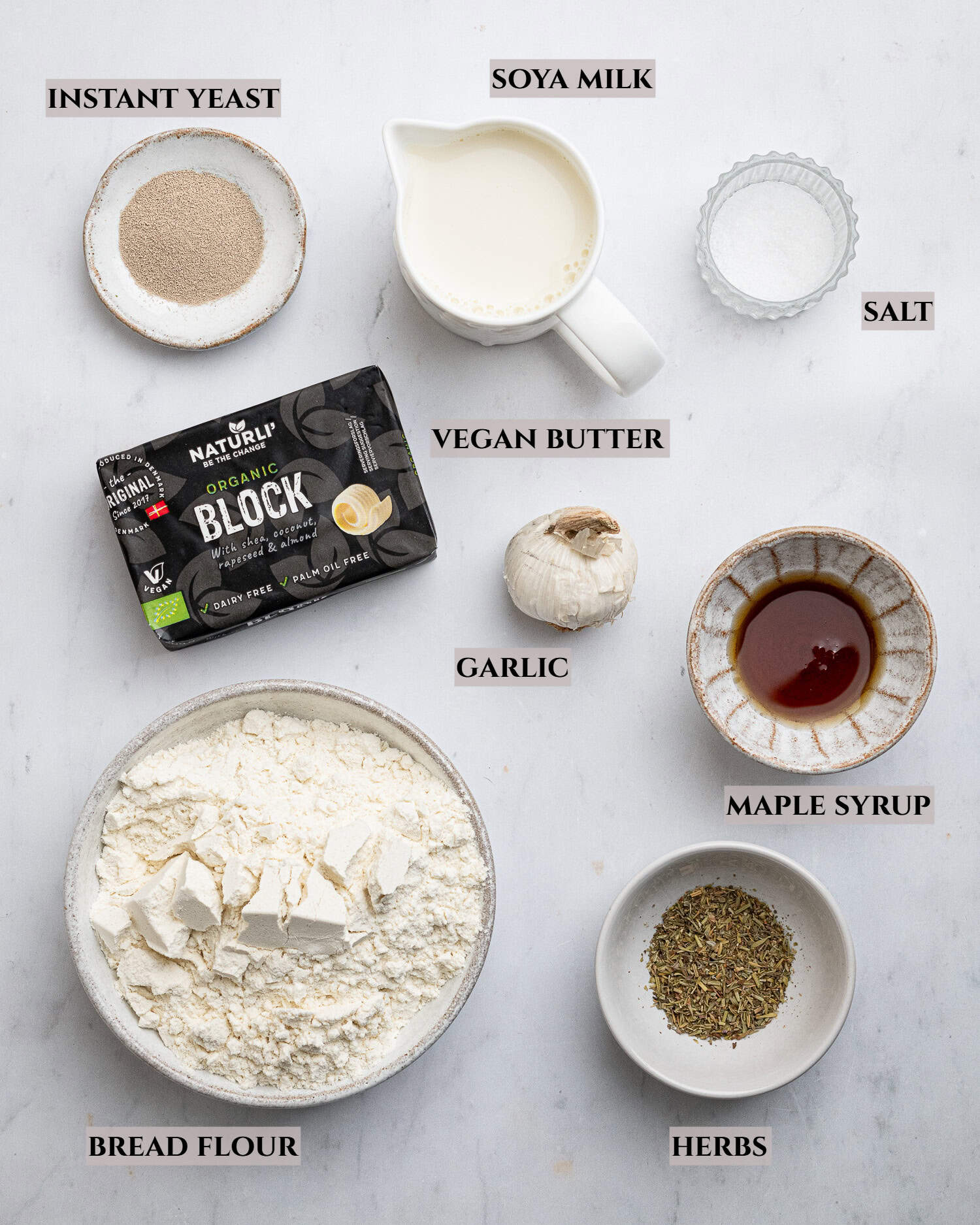 A labelled photo of the ingredients needed to make vegan garlic Parker House rolls.