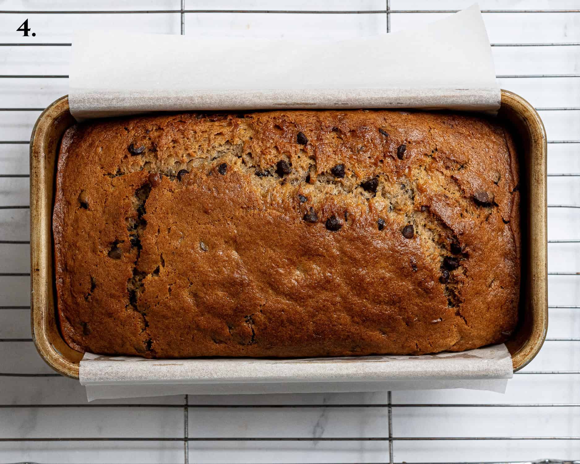Step 4, the baked banana bread in the tin.
