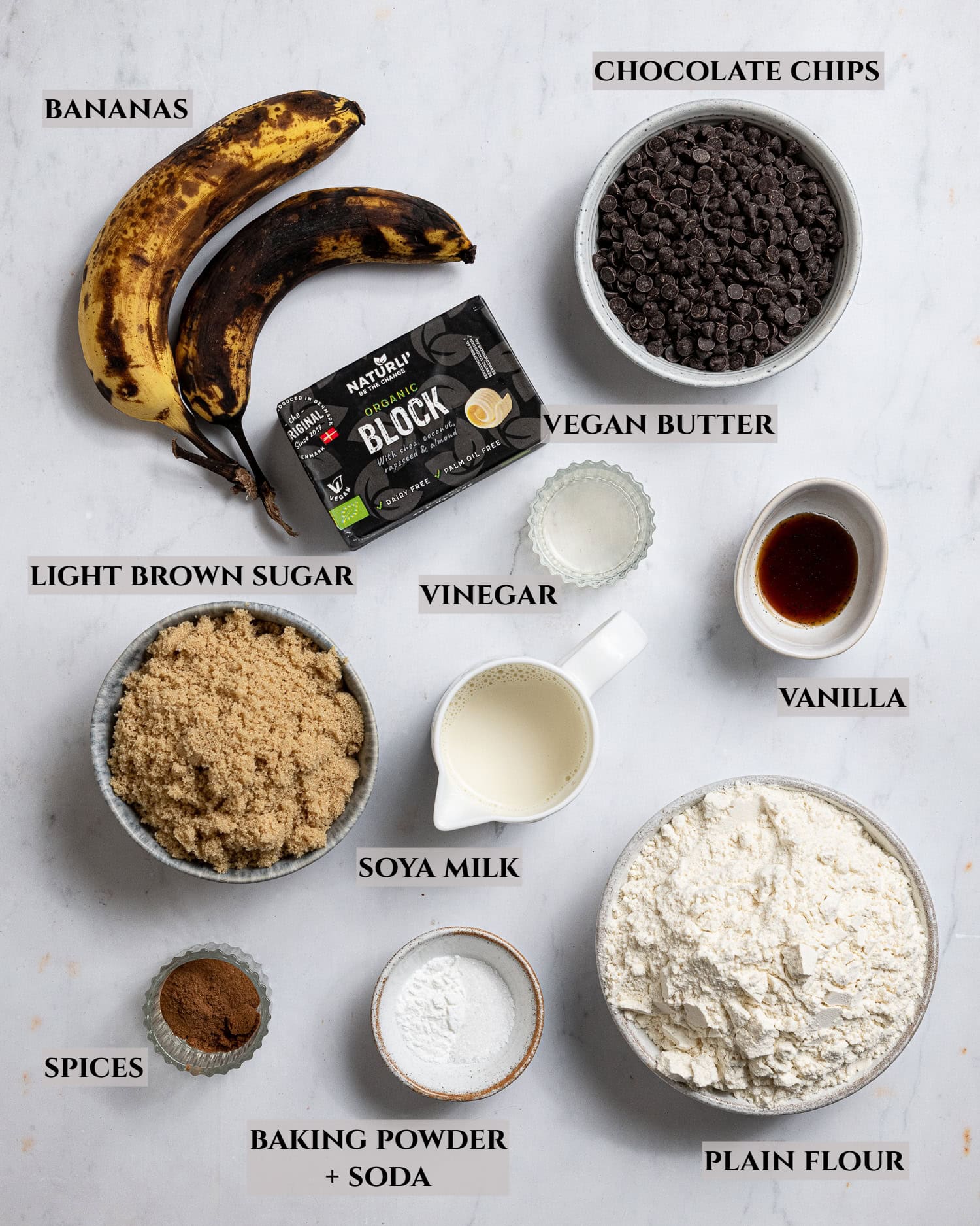 A labelled photo of the ingredients needed to make chocolate chip banana bread.