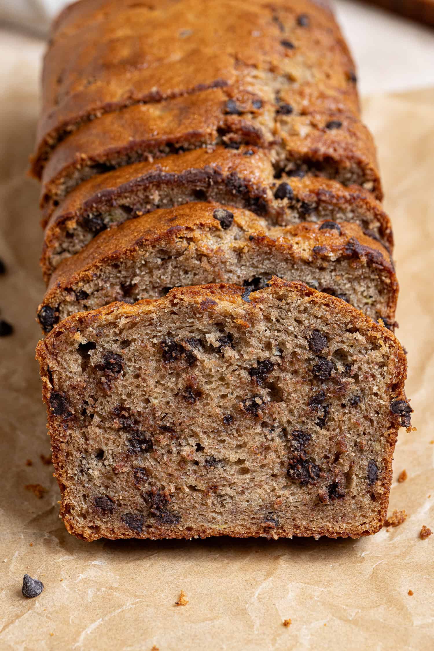 Close up of a slice of chocolate chip banana bread.