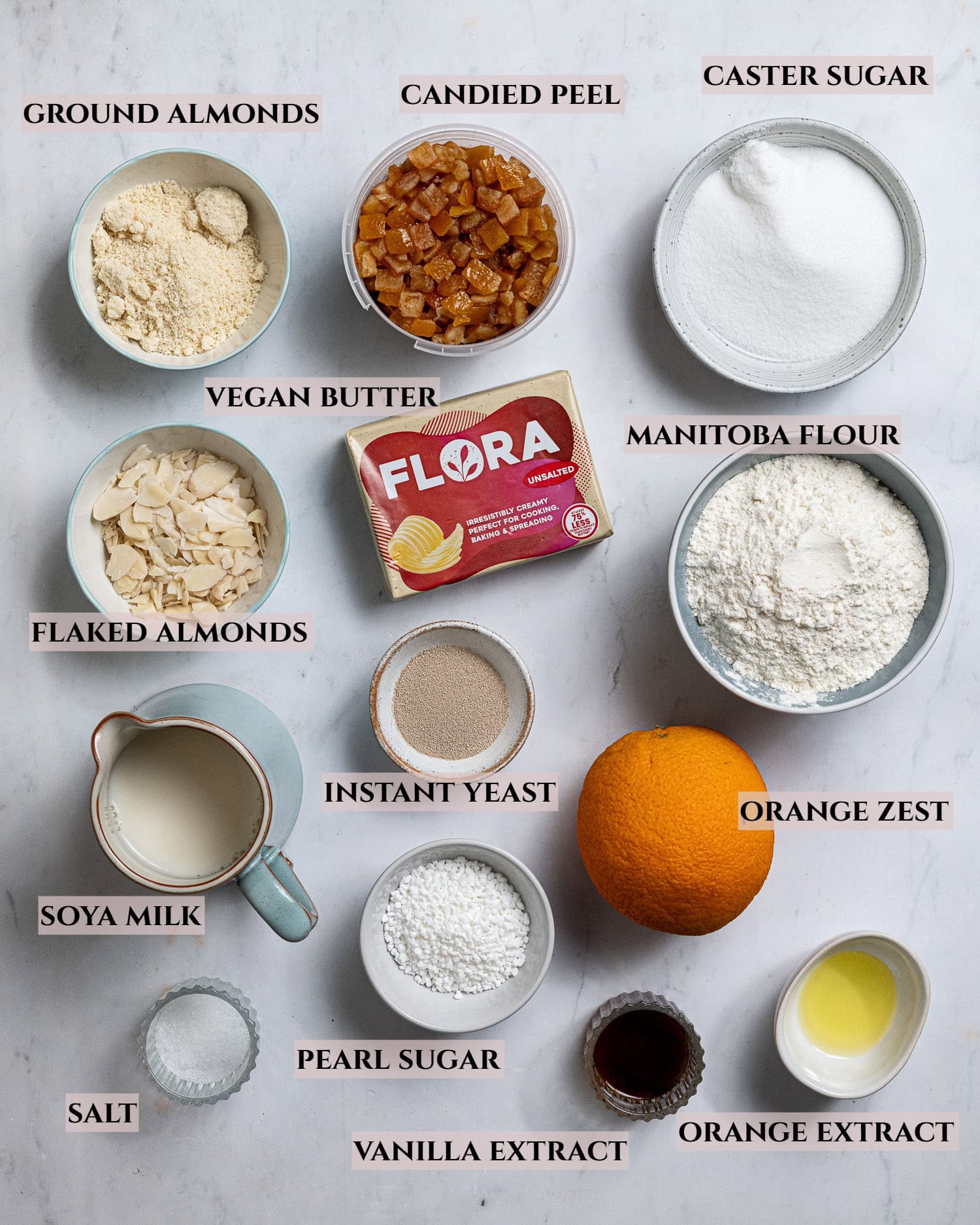 A labelled photo of the ingredients needed to make vegan Colomba Pasquale.