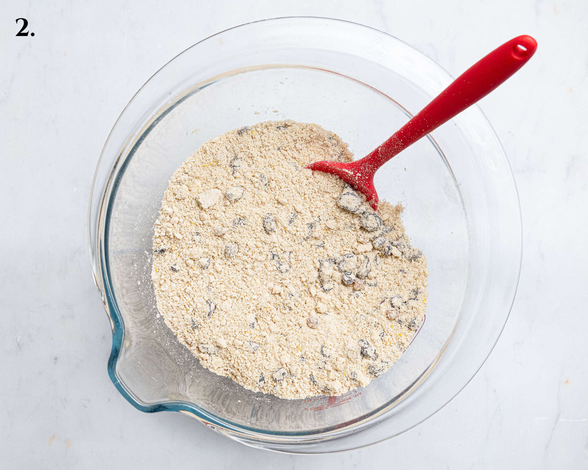 Step 2, the dry ingredients with the fruit and sugar mixed in.