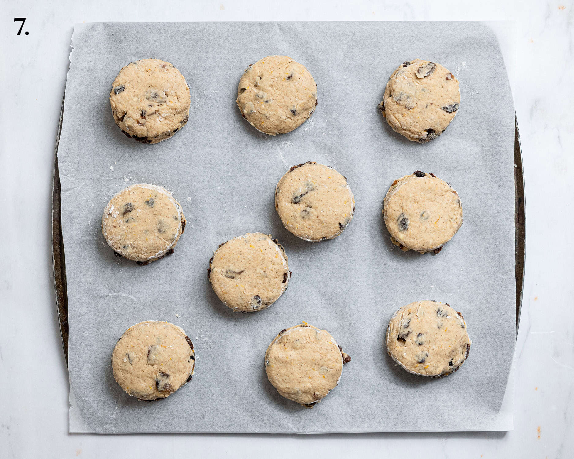 Step 7, the scones on the baking sheet.