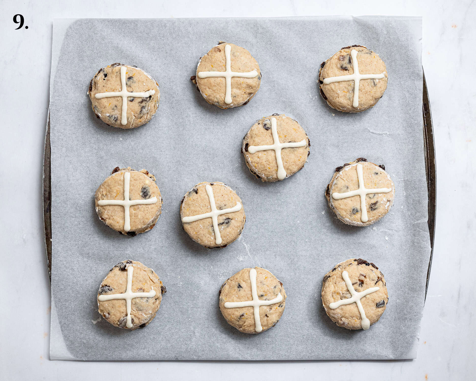 Step 9, the scones with the crosses piped on top.