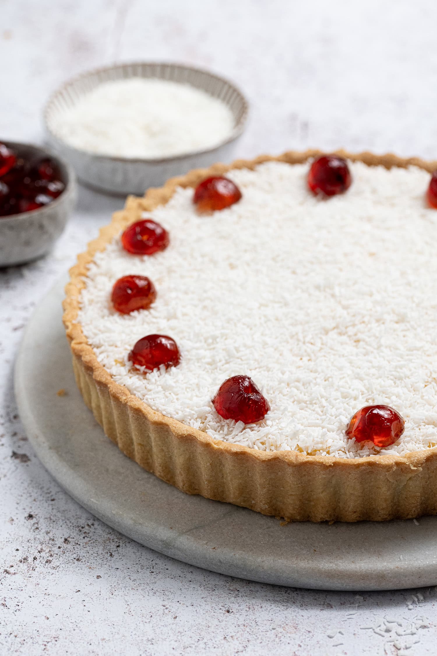 Side shot of vegan Manchester tart.