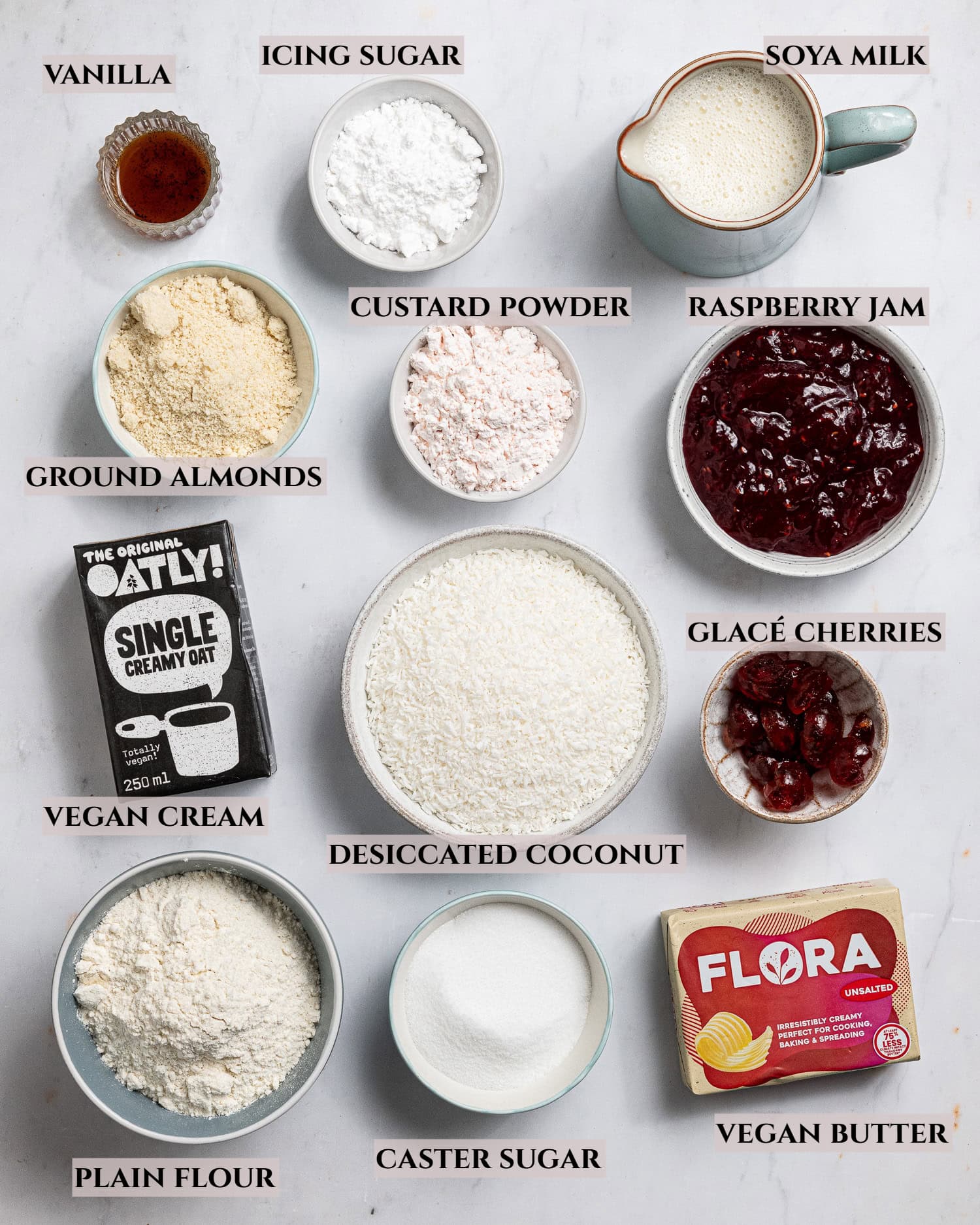 A labelled photo of the ingredients needed to make vegan Manchester tart.