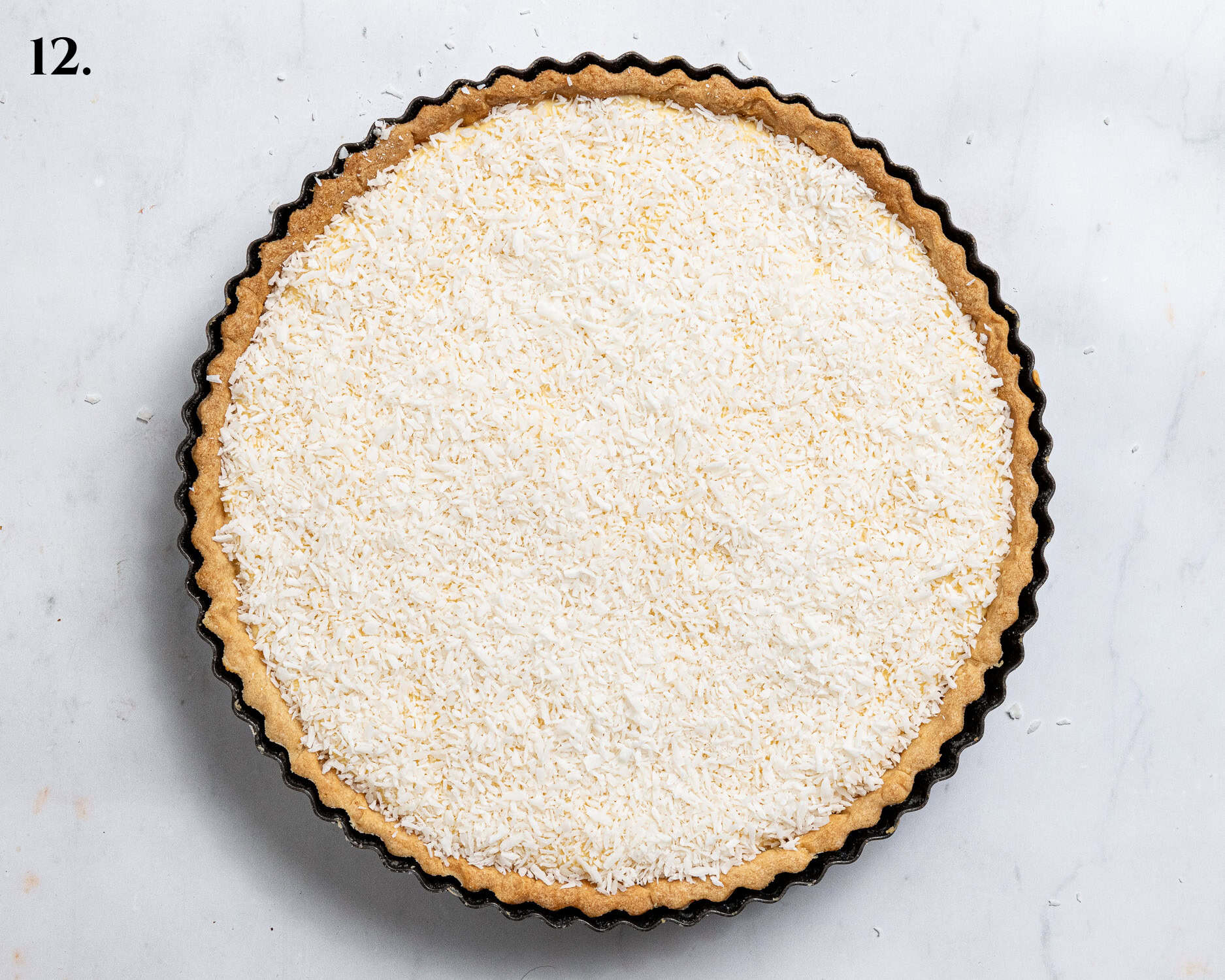 Step 12, the finished tart with the coconut on top.