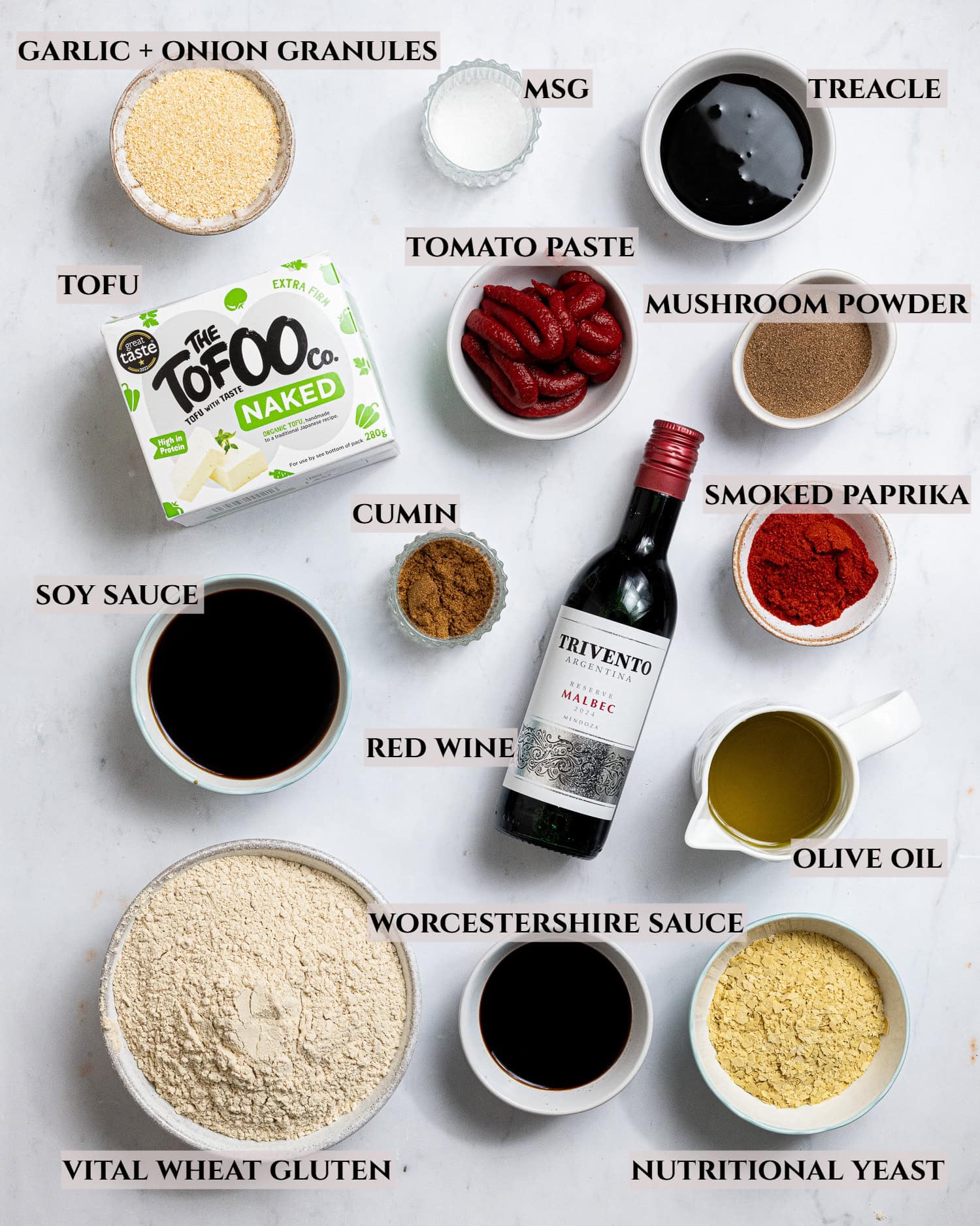 A labelled photo of the ingredients needed to make seitan beef in bowls.