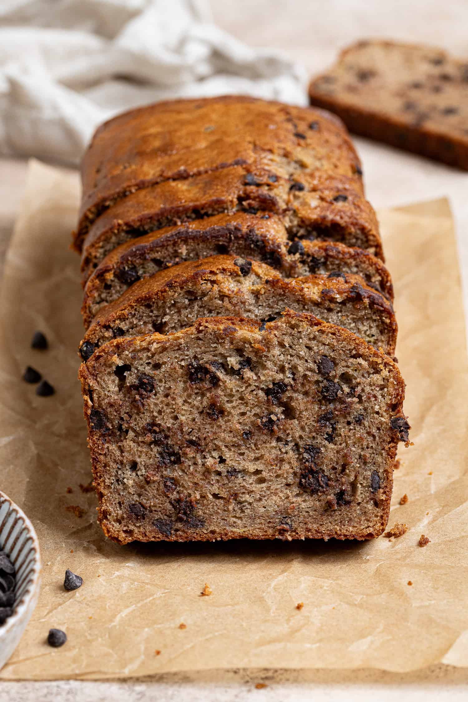 Slices of chocolate chip banana bread in a row.