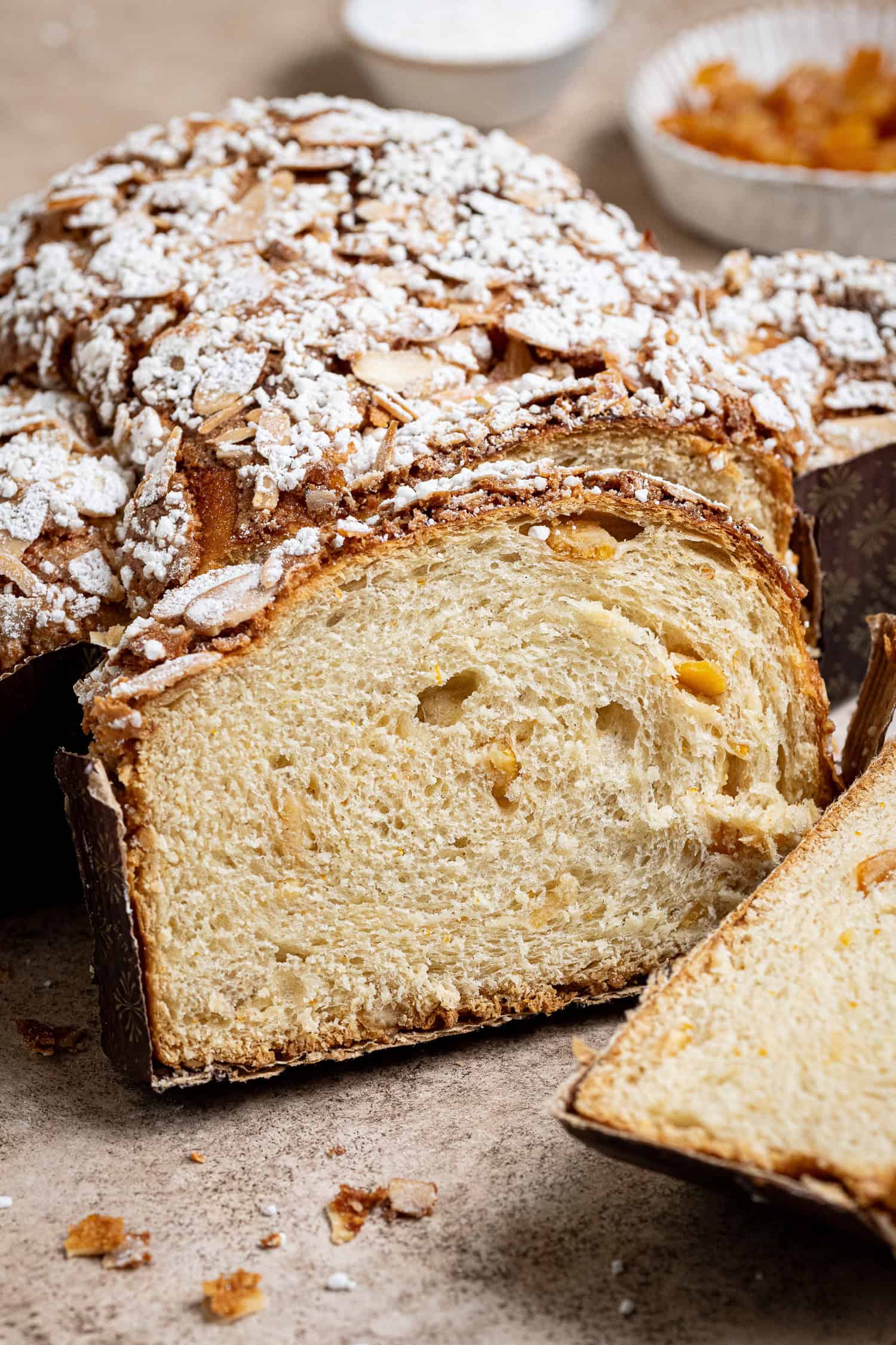 A slice of vegan Colomba Pasquale.
