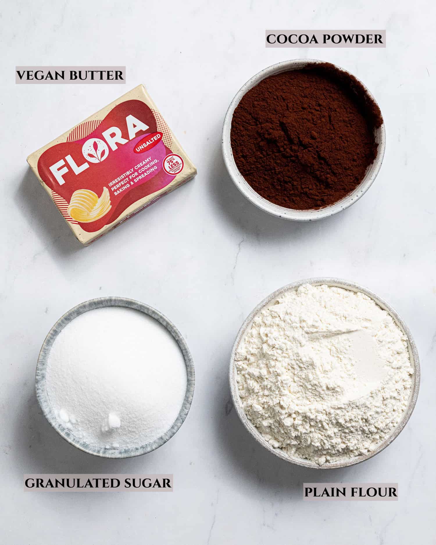 A labelled photo of the ingredients needed to make vegan chocolate concrete.