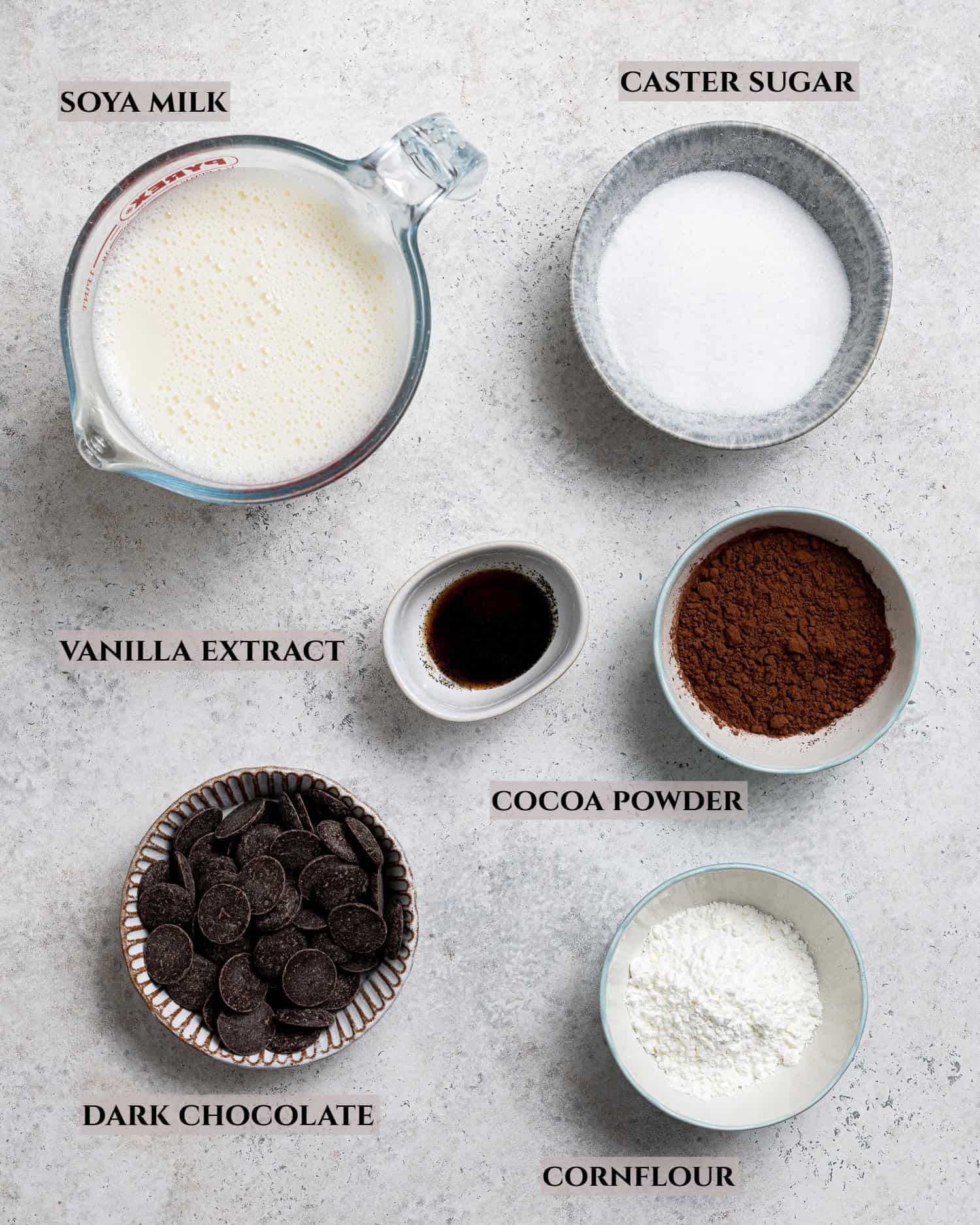 A labelled photo of the ingredients needed to make vegan chocolate custard.