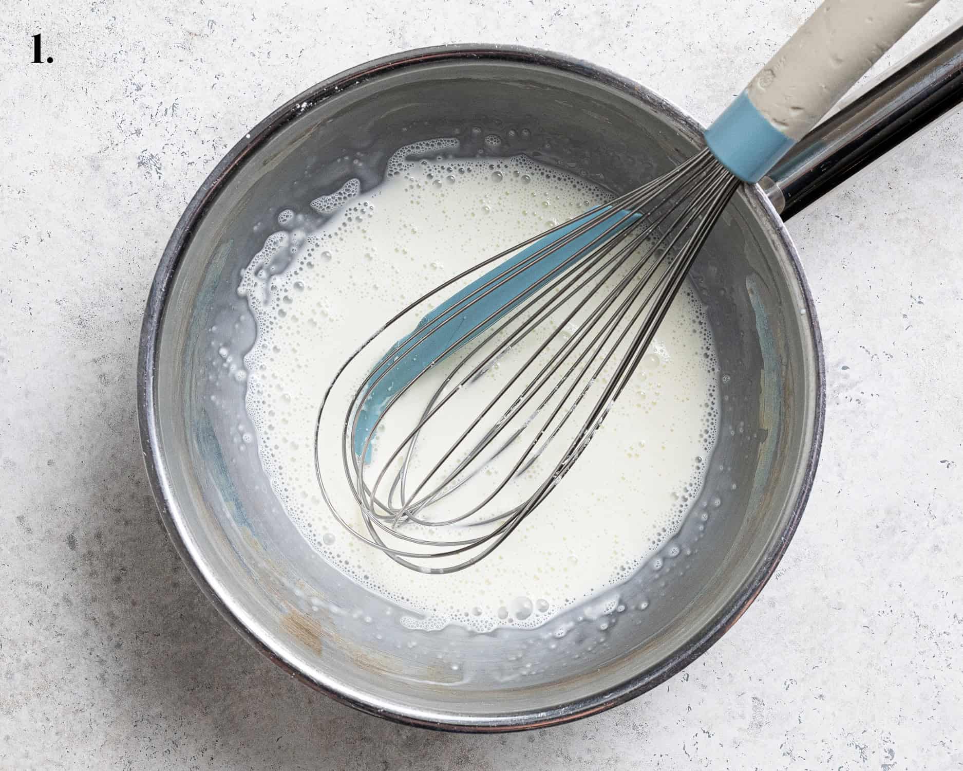 Step 1, the cornflour and milk in a pan.