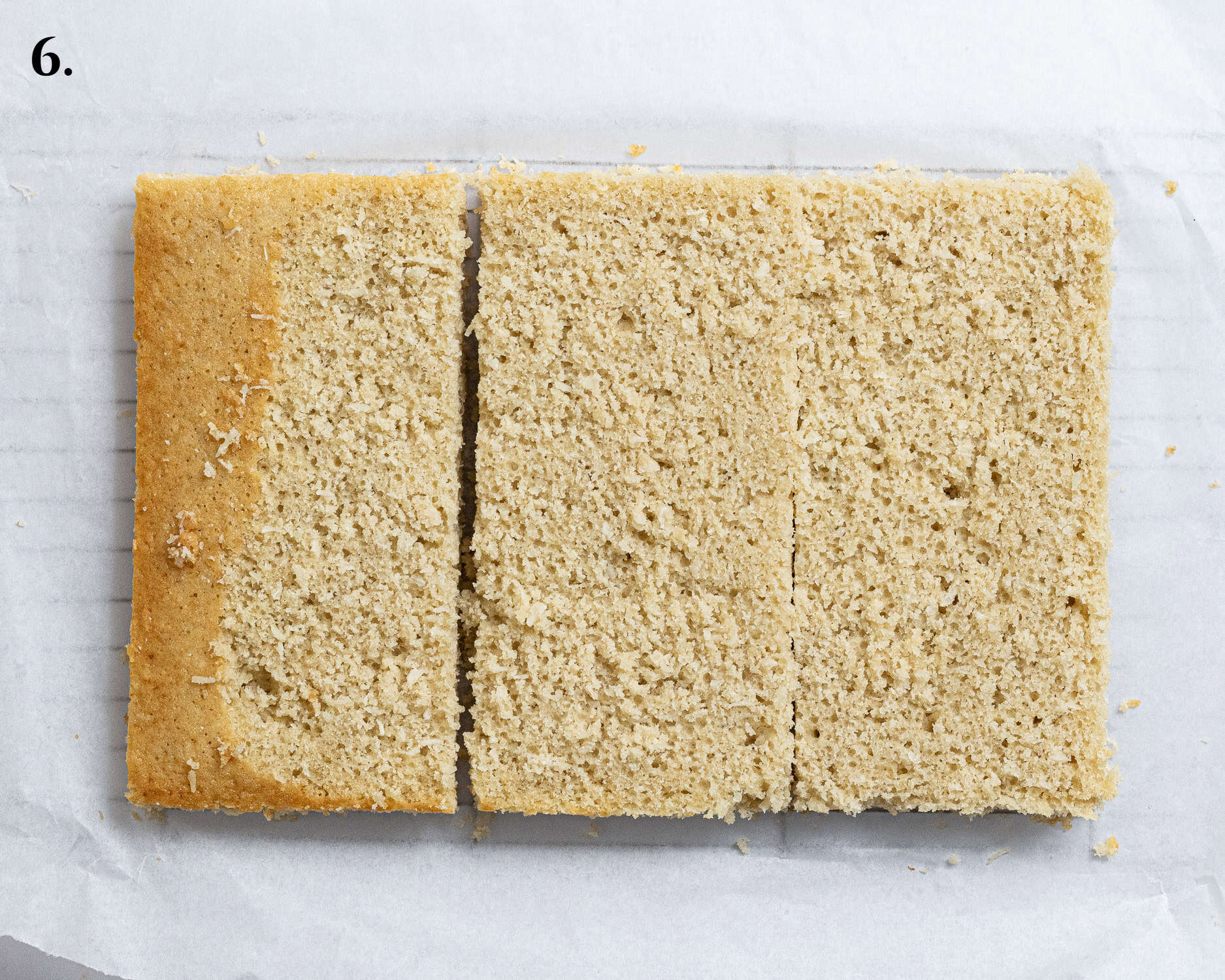 Step 6, the trimmed and divided cake.