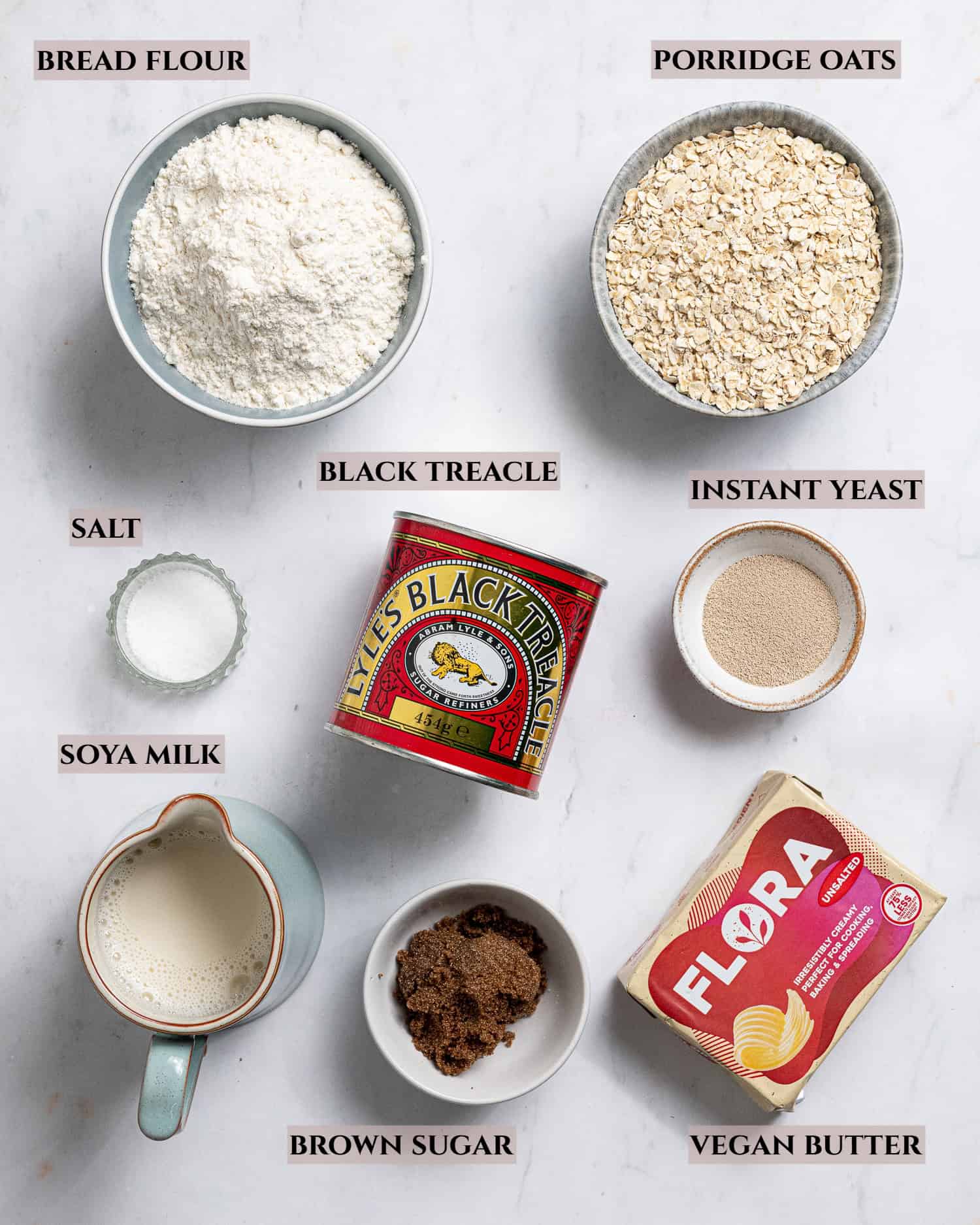 A labelled photo of the ingredients needed to make oatmeal molasses rolls.