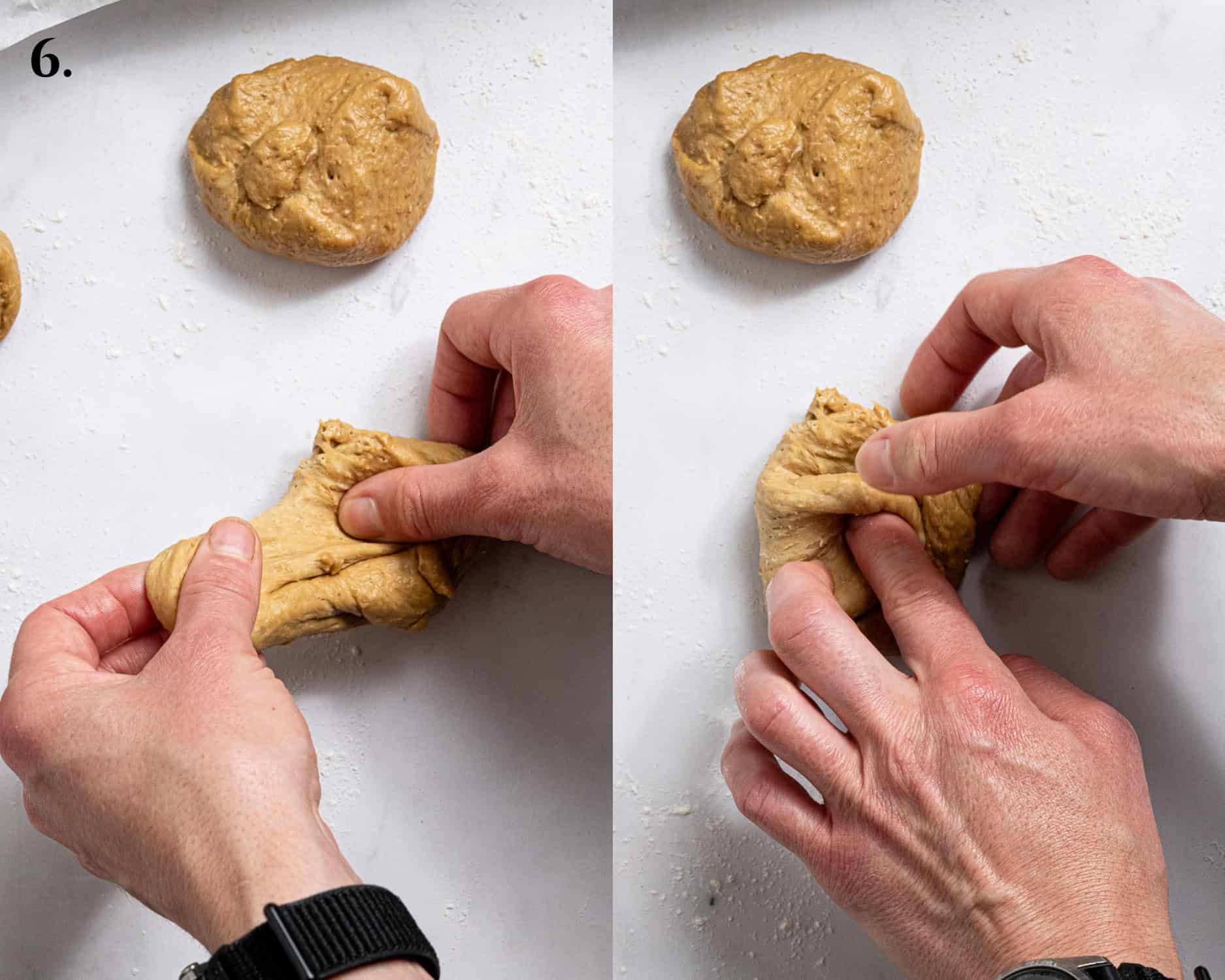 Step 6, a two image collage of shaping a portion of the dough into a ball.