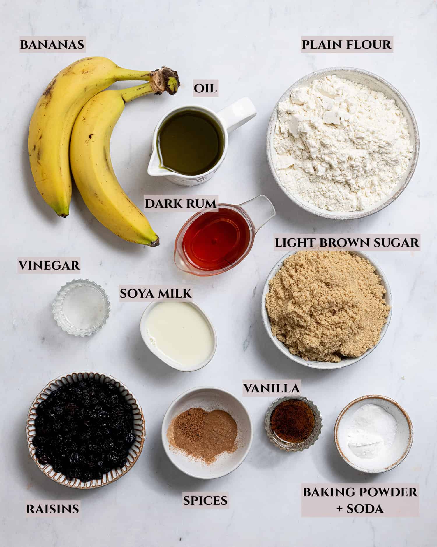 A labelled photo of the ingredients needed to make vegan rum raisin banana bread.