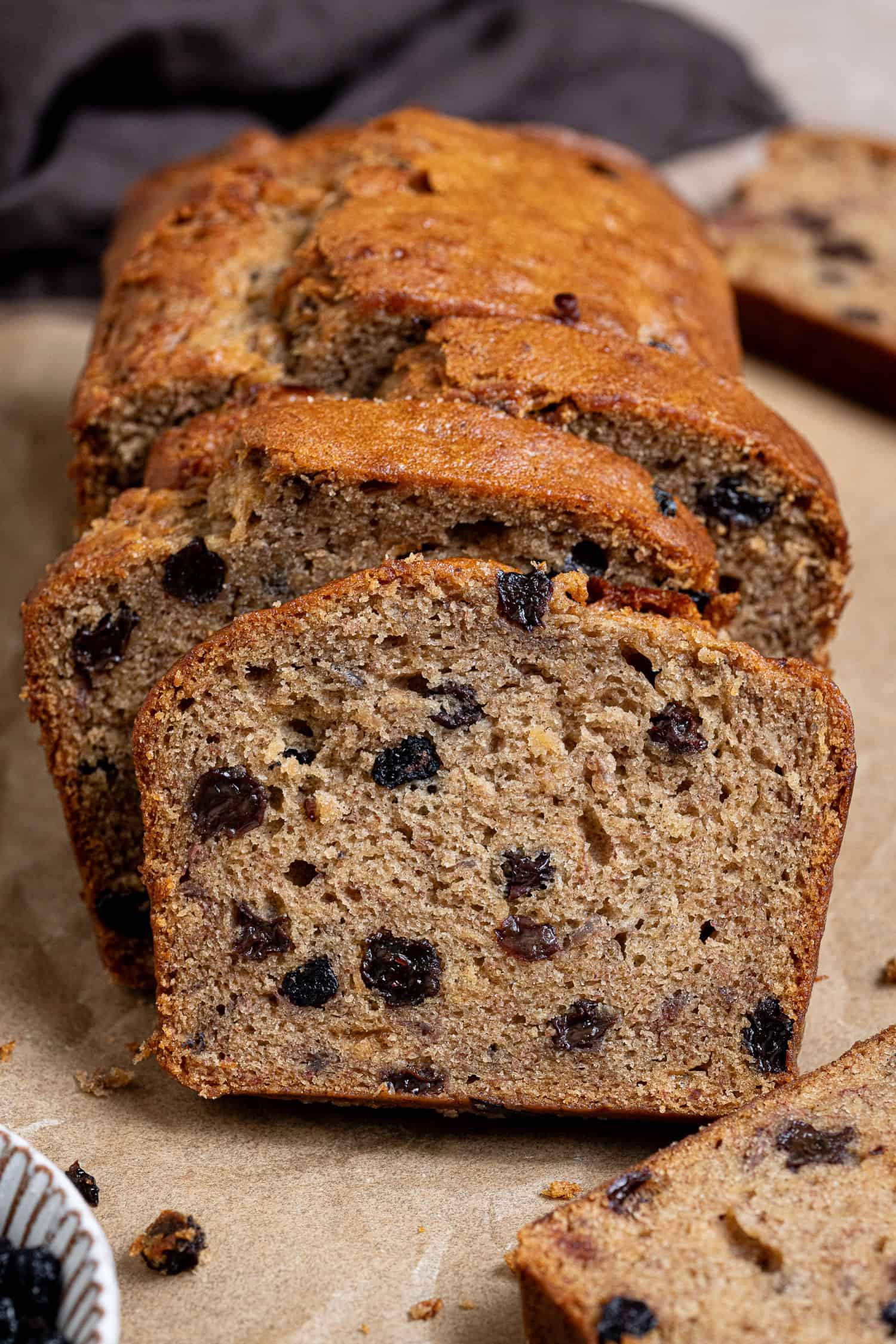 Close up shot of the sliced rum raisin banana bread.